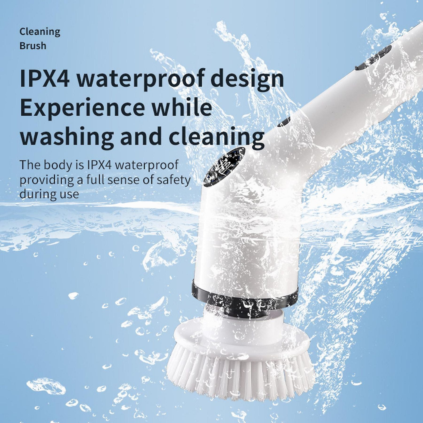 Eine weiße elektrische Reinigungsbürste wird mit Wasser bespritzt. IPX4 wasserdicht.
