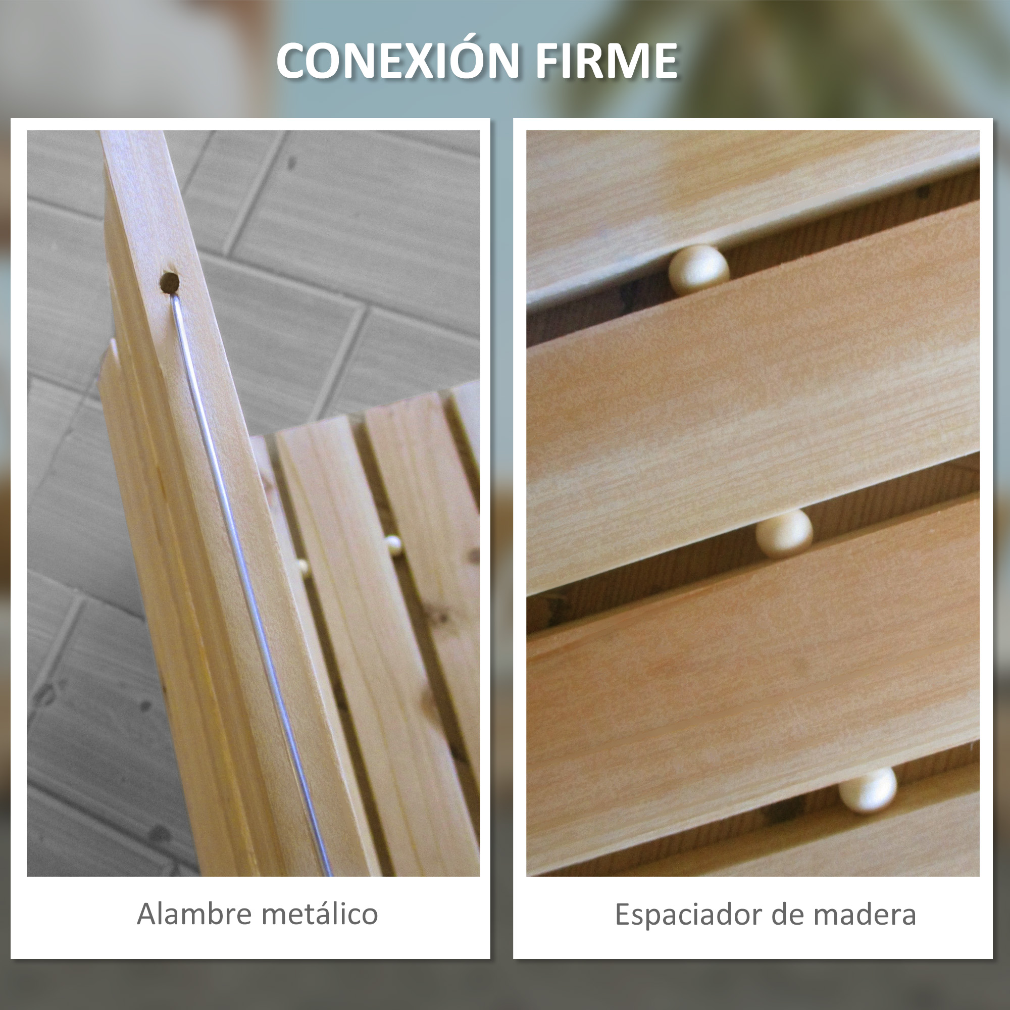Detalle silla madera: varilla metal en madera, separador