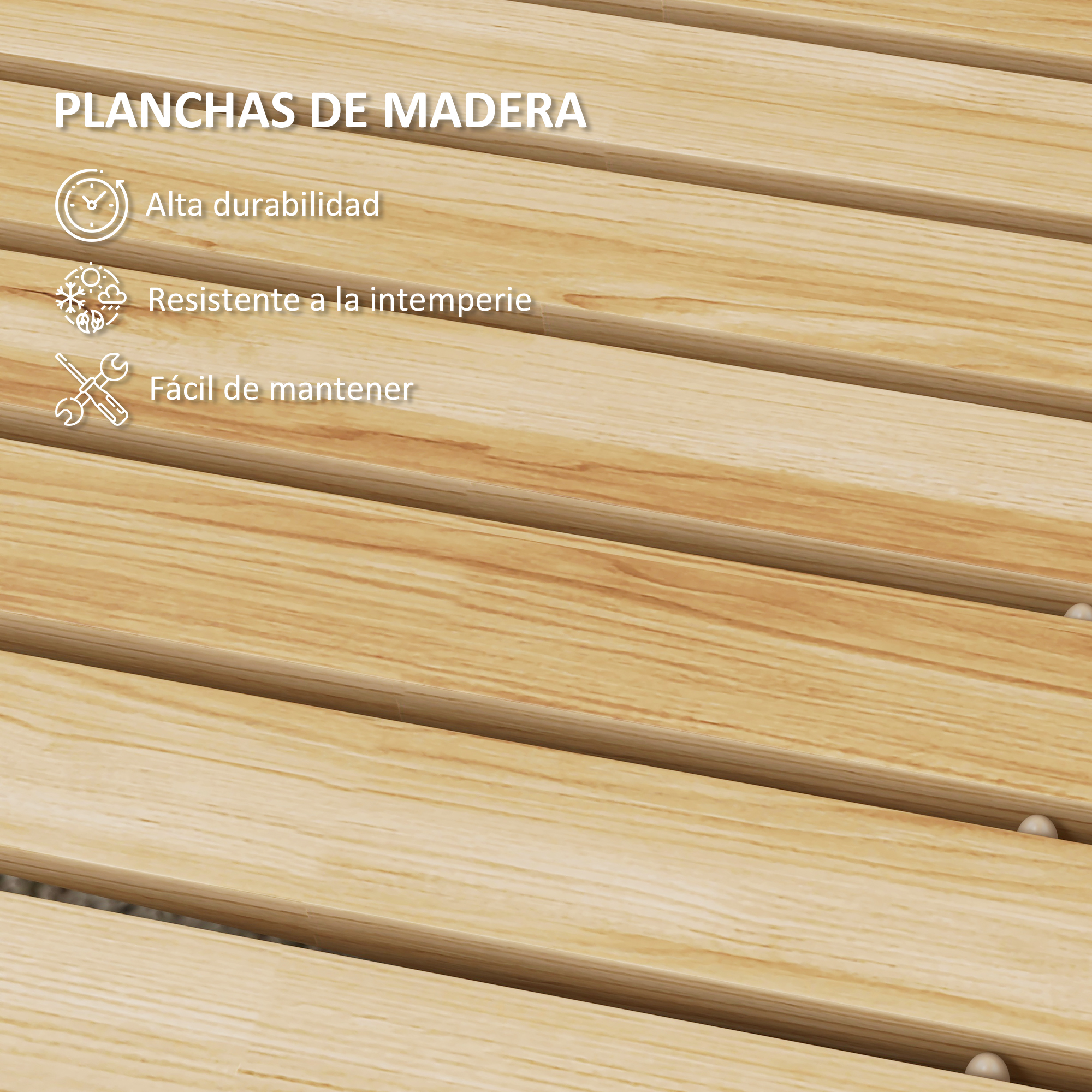Tablas de madera con iconos de durabilidad, resistencia y fácil mantenimiento.