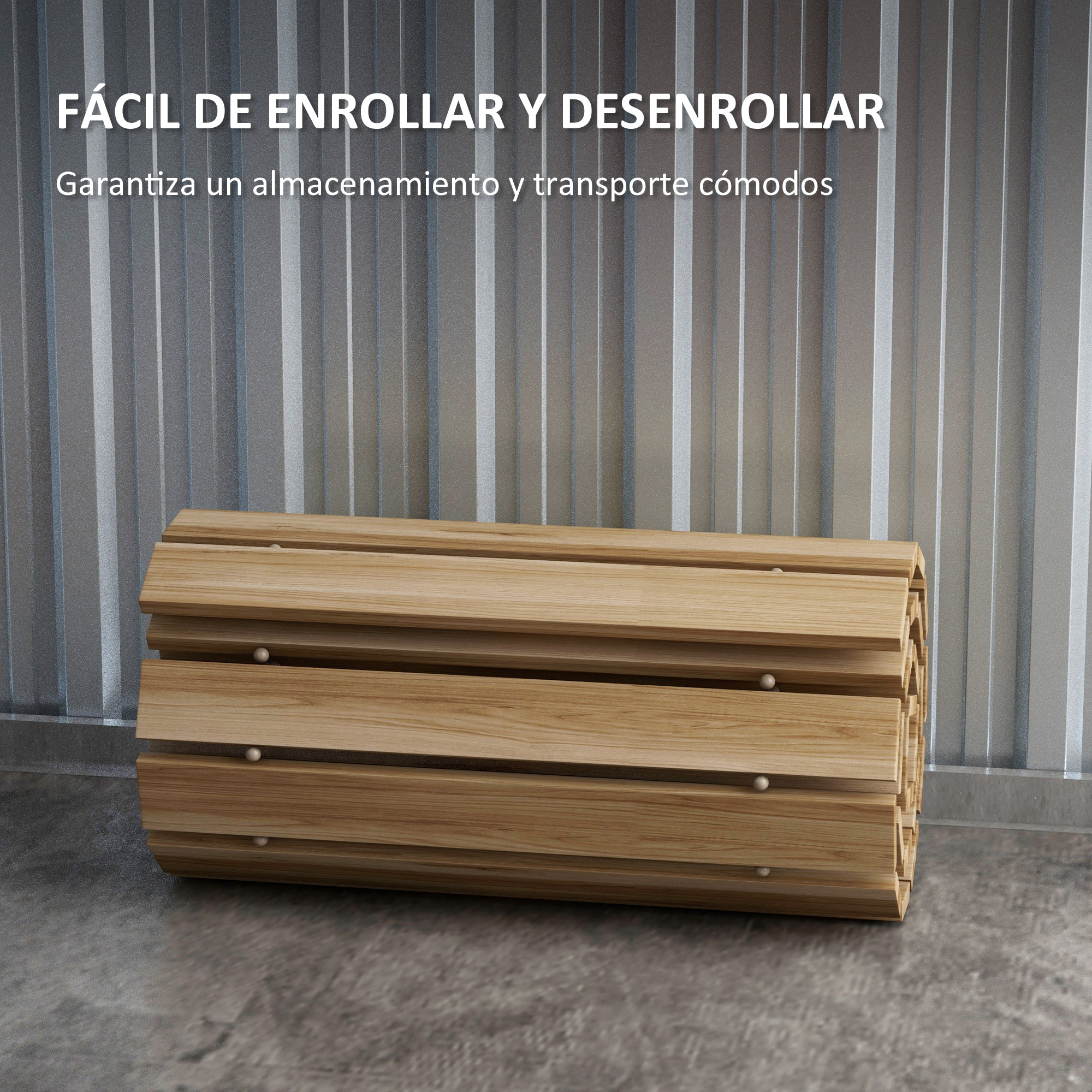 Alfombra de madera enrollada sobre suelo de hormigón.