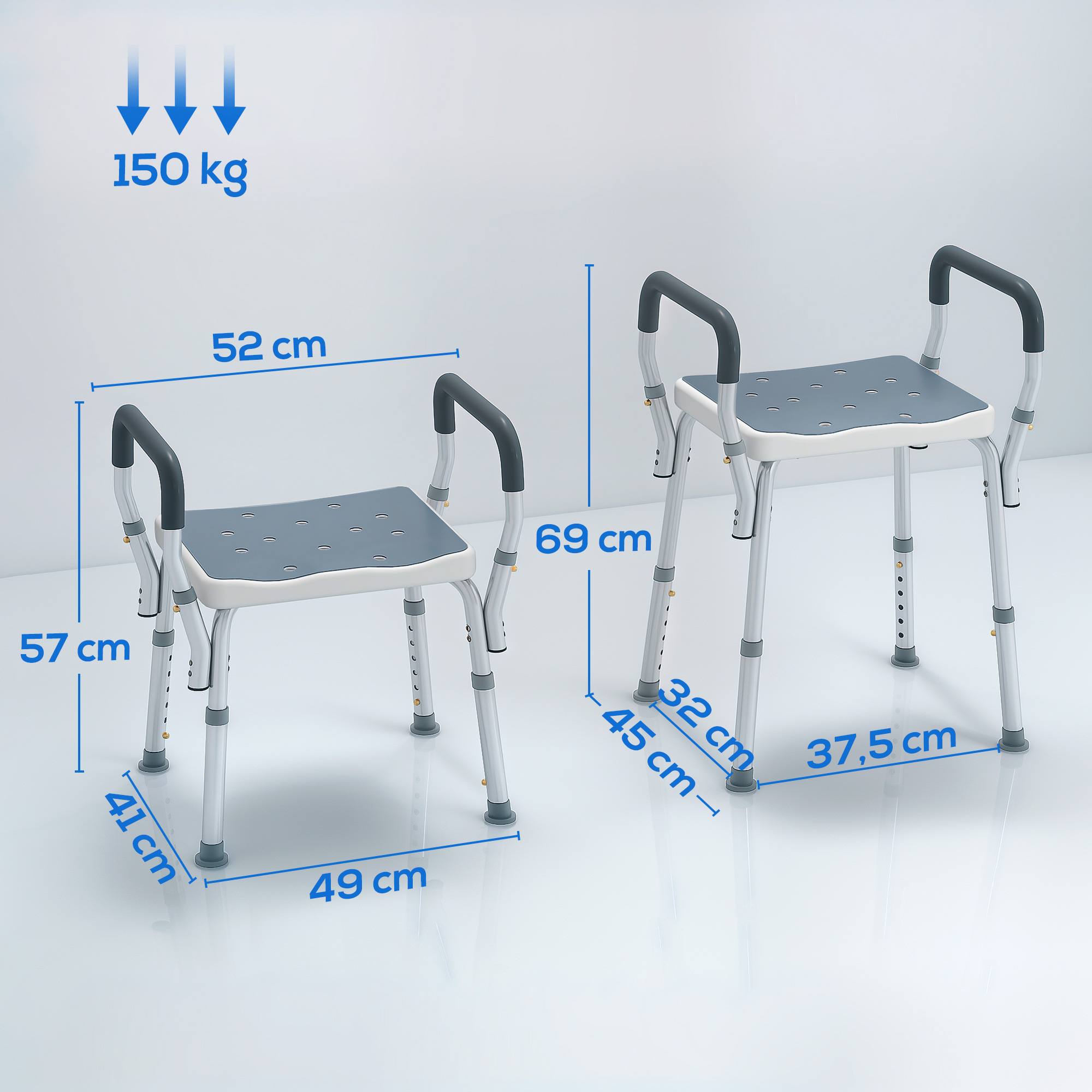 Dos taburetes de ducha con asas, dimensiones y capacidad de 150 kg.