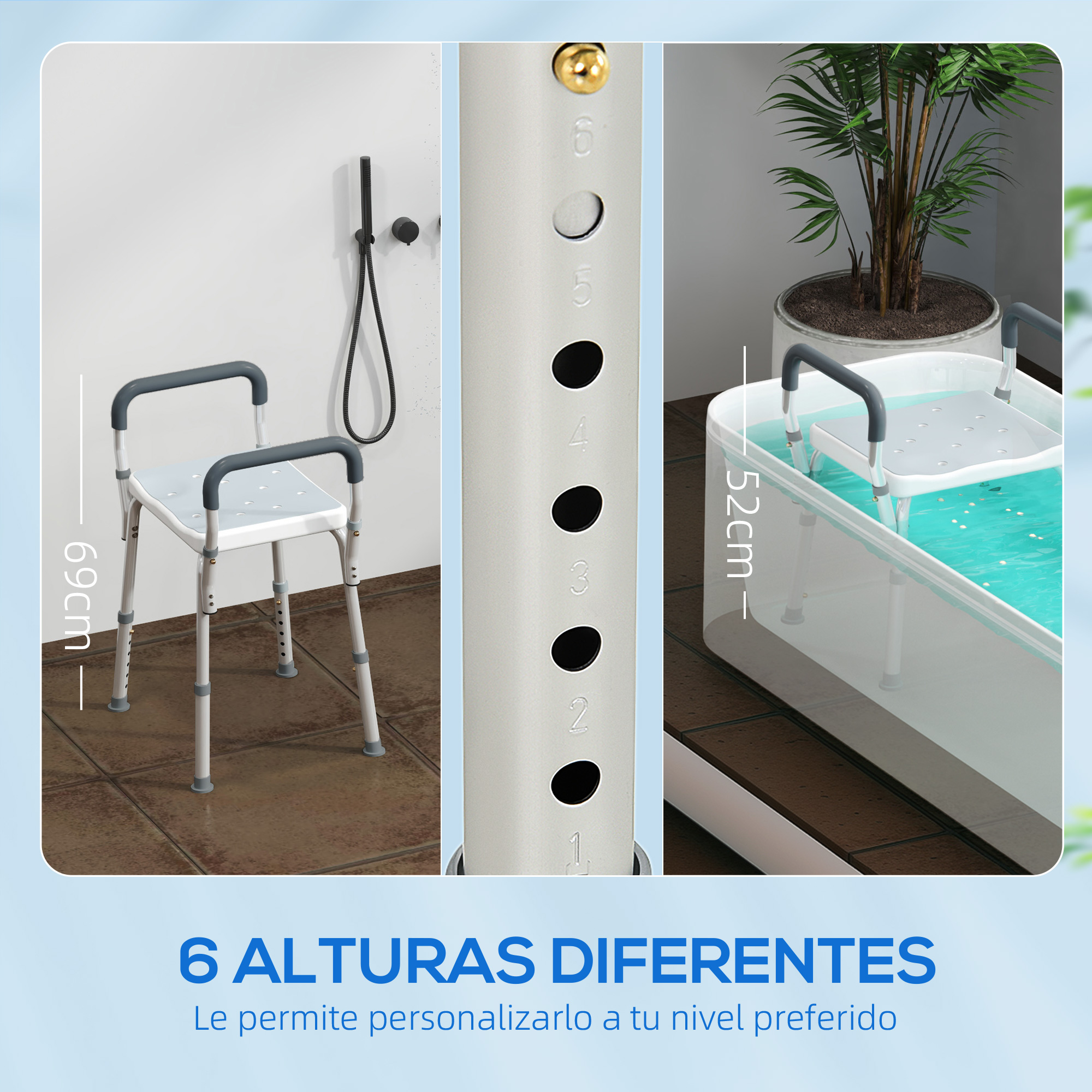 Una silla de ducha regulable en altura en un baño.