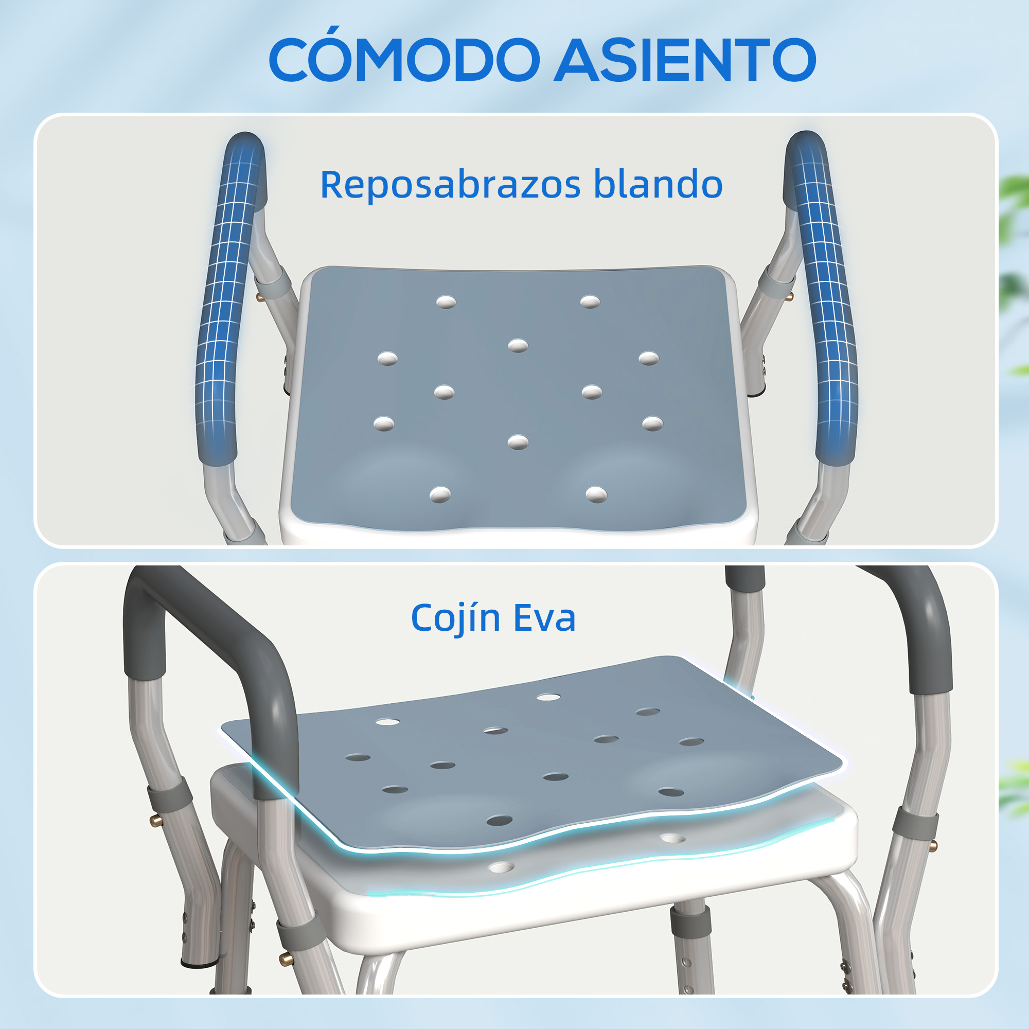Una silla de ducha con reposabrazos blandos y un cojín de asiento Eva.