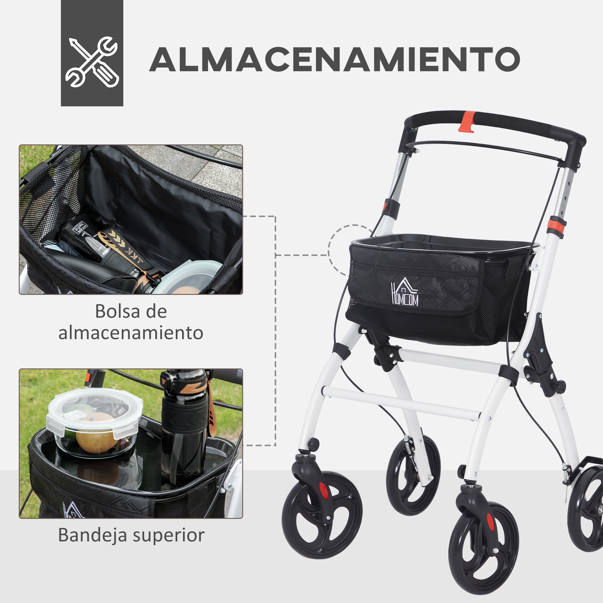 Un andador blanco con bolsa y ruedas negras; los primeros planos muestran la bolsa y la bandeja.