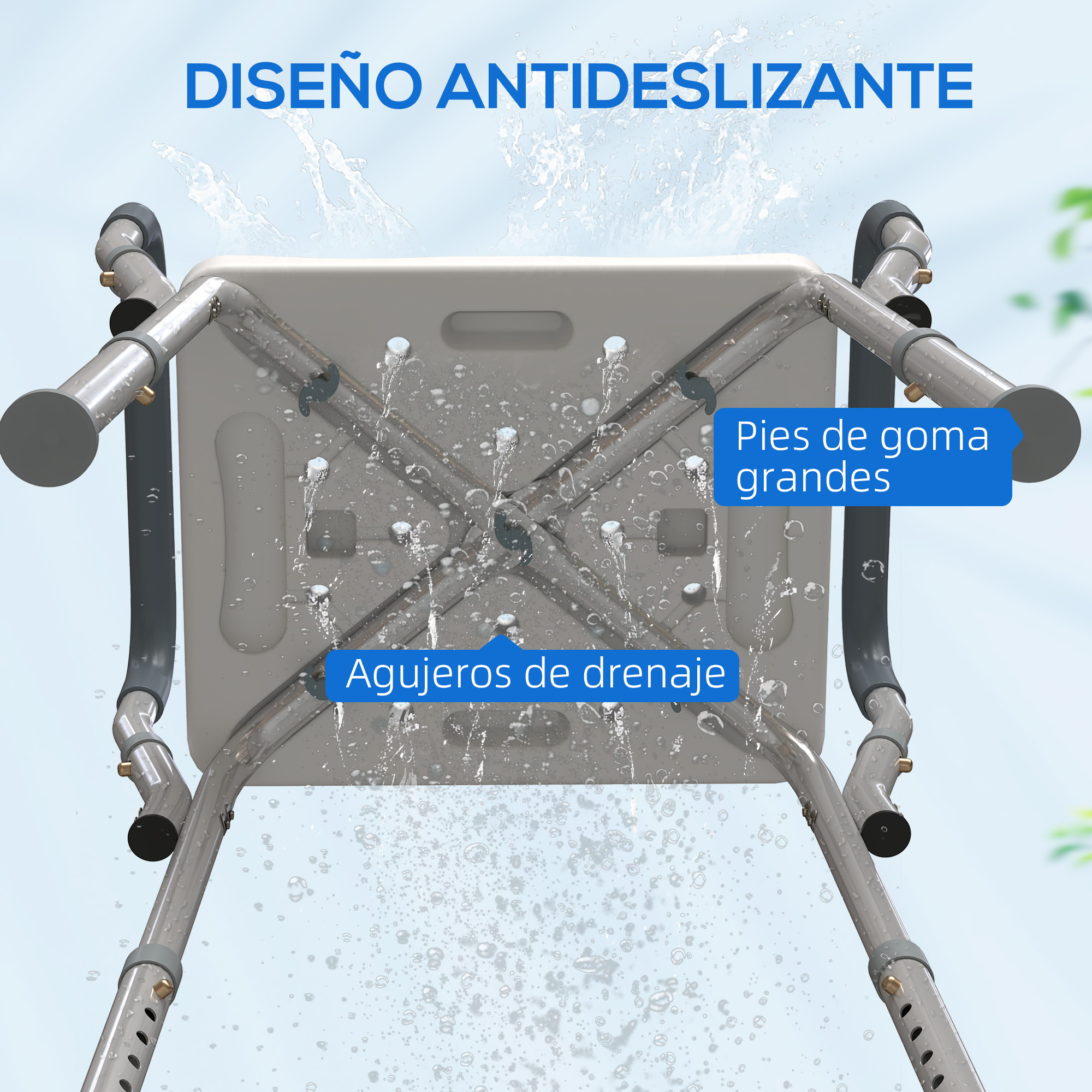 Silla de ducha con pies de goma grandes y orificios de drenaje, con rocío de agua.