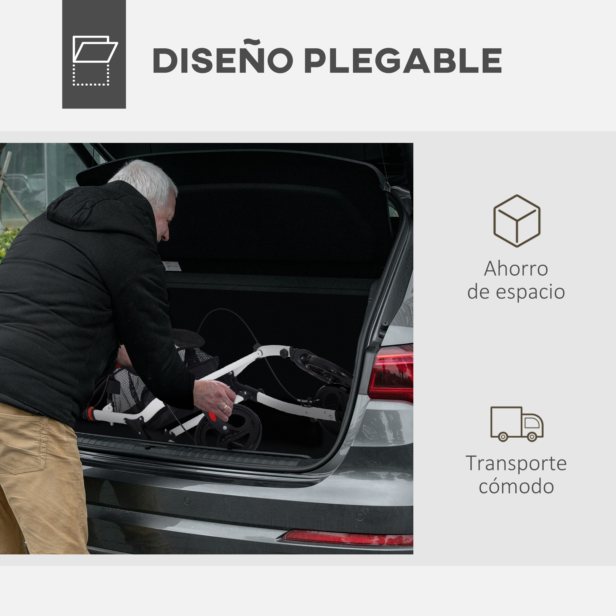 Un hombre coloca un cochecito plegable en el maletero de un coche. Ahorro de espacio.
