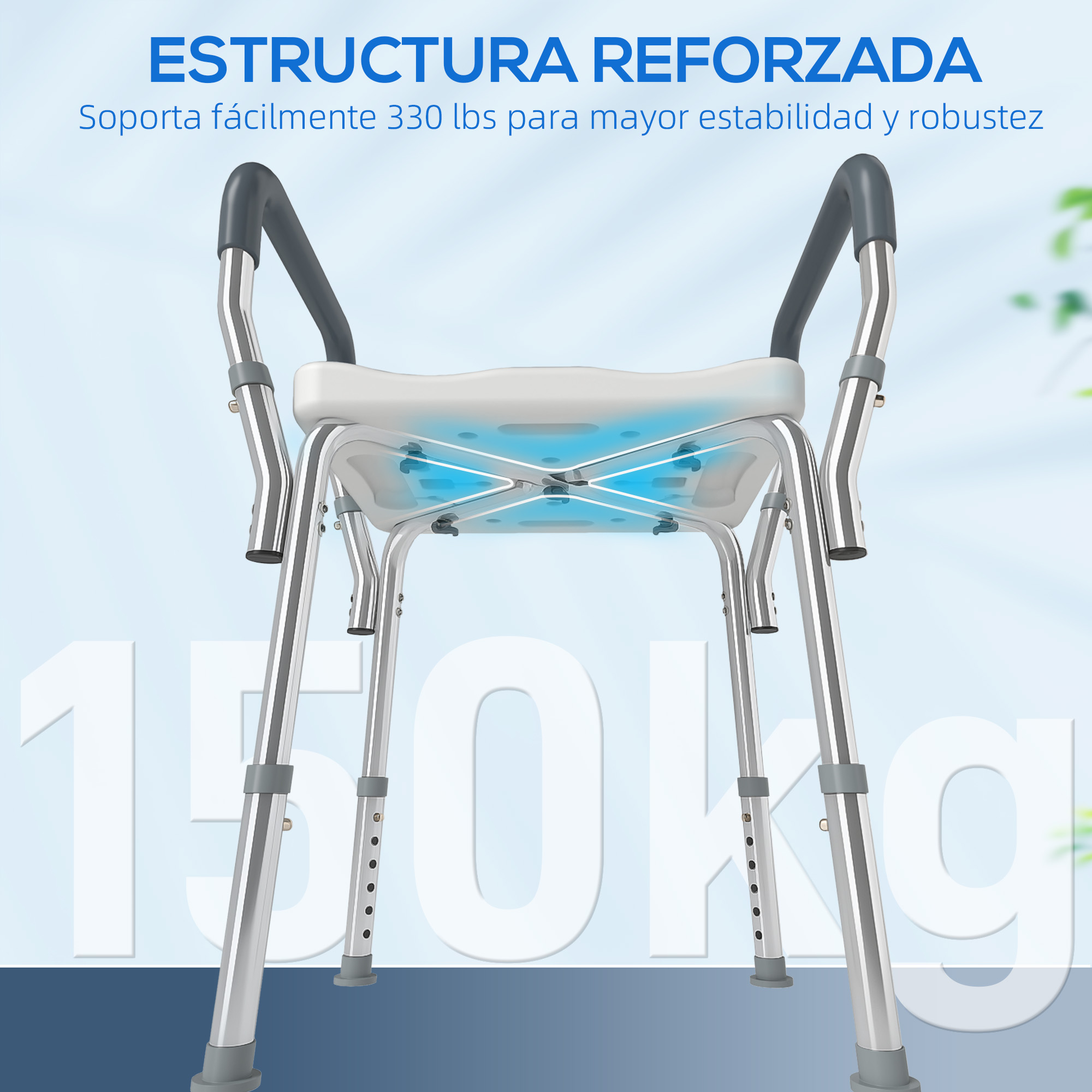 Silla de ducha con patas ajustables y mangos acolchados.