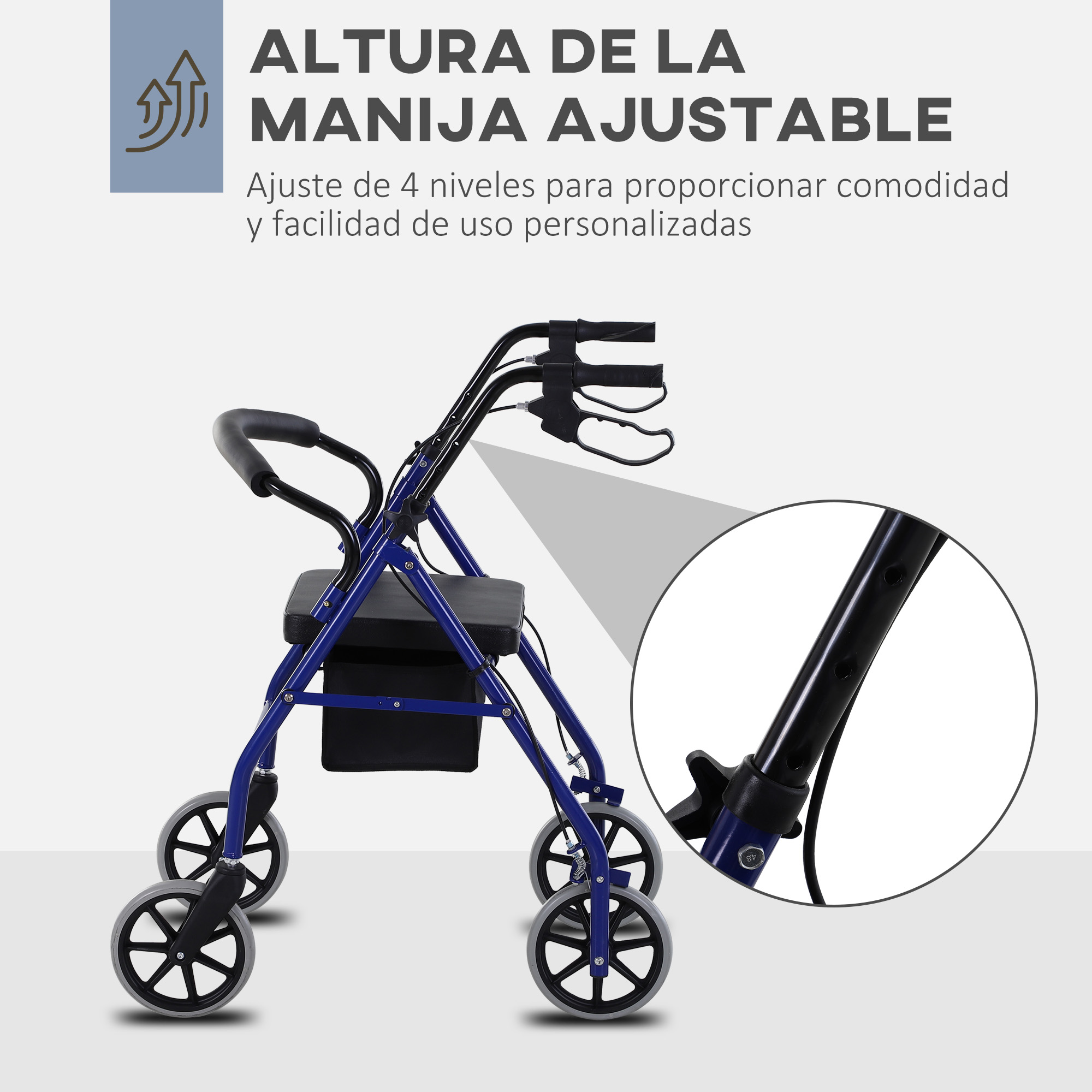 Un andador azul con asiento y asas ajustables. Primer plano del ajuste del asa.