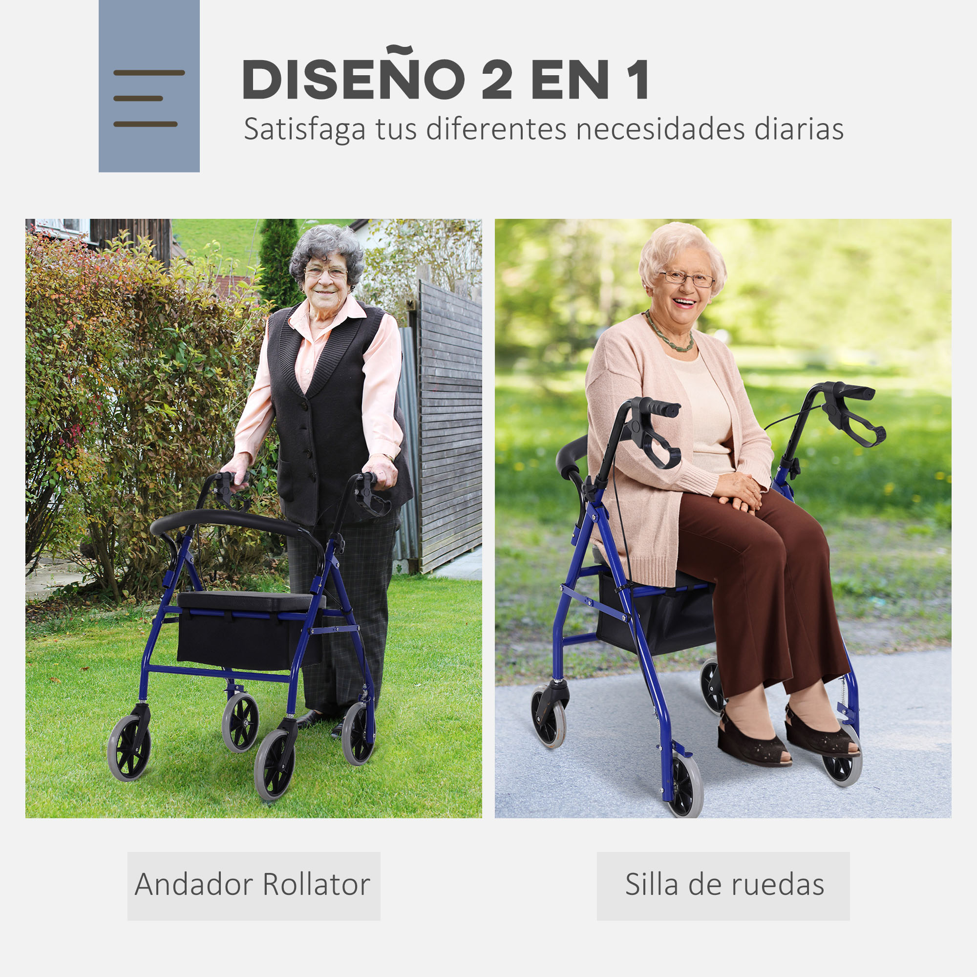 Dos mujeres mayores con andadores. Una de pie, otra sentada.