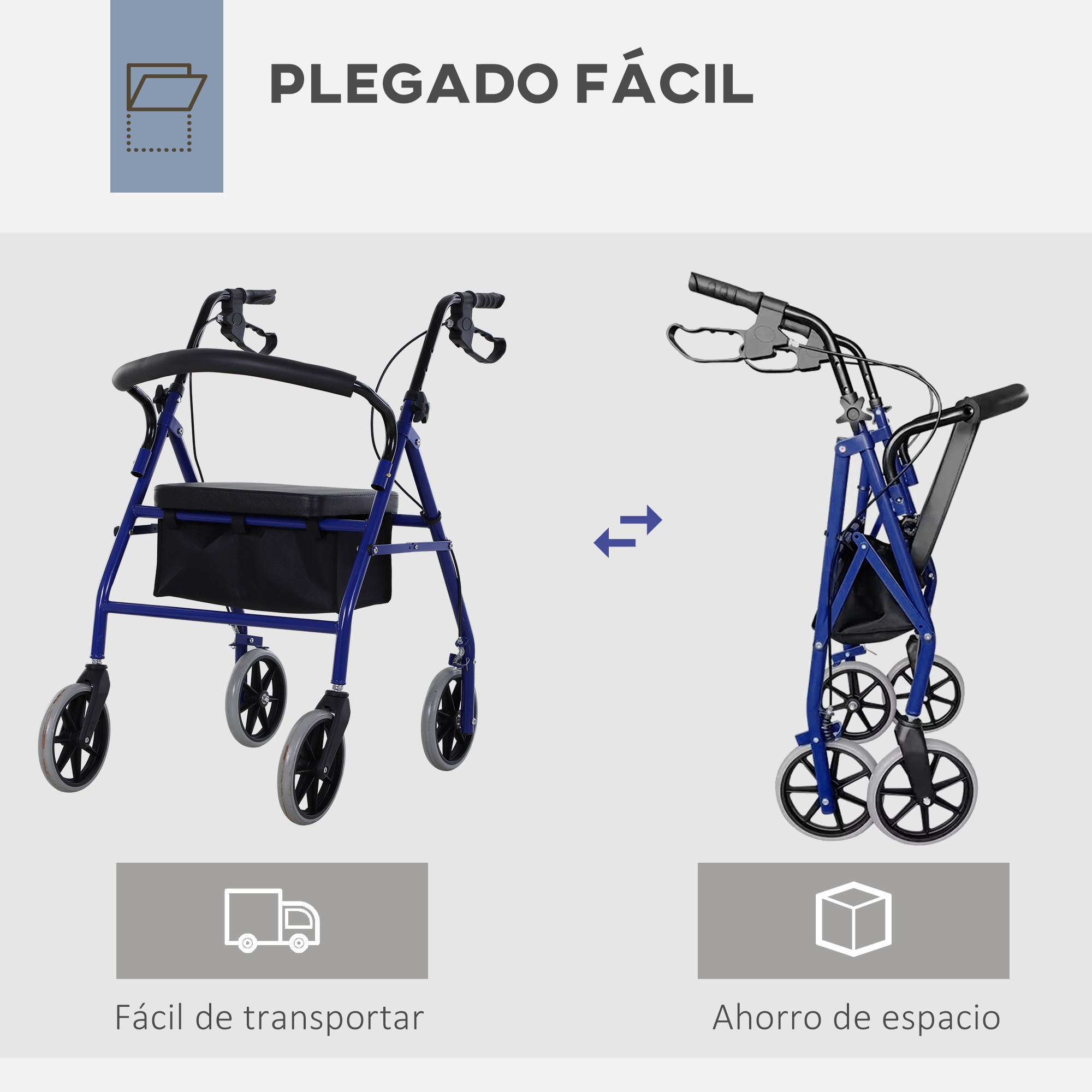 Andador azul con asiento y bolsa, desplegado y plegado.