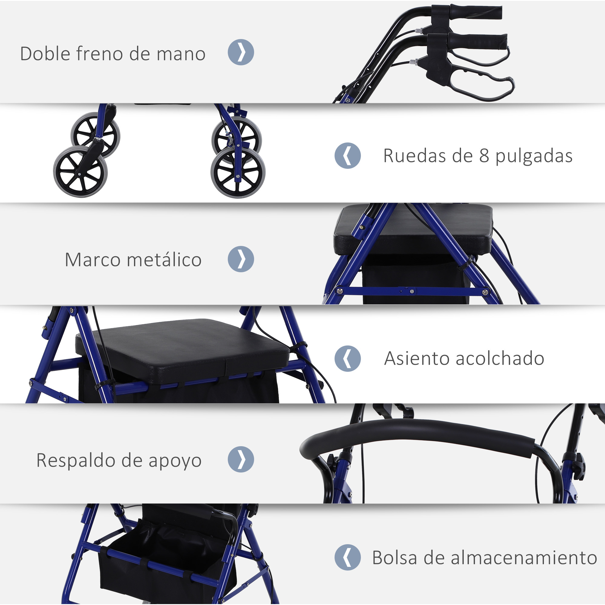 Andador azul con frenos de mano, ruedas, asiento, respaldo y bolsa.