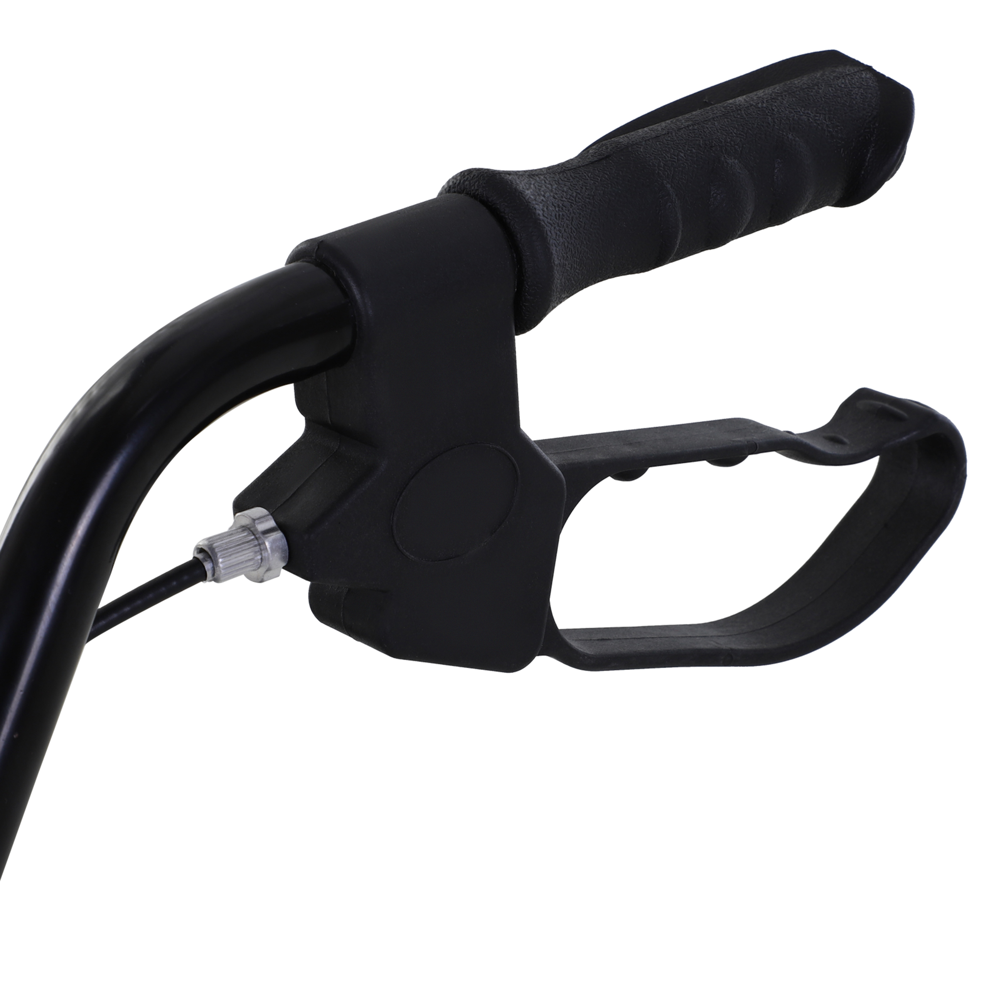 Primer plano de un mango negro con cable y mecanismo de palanca de freno.