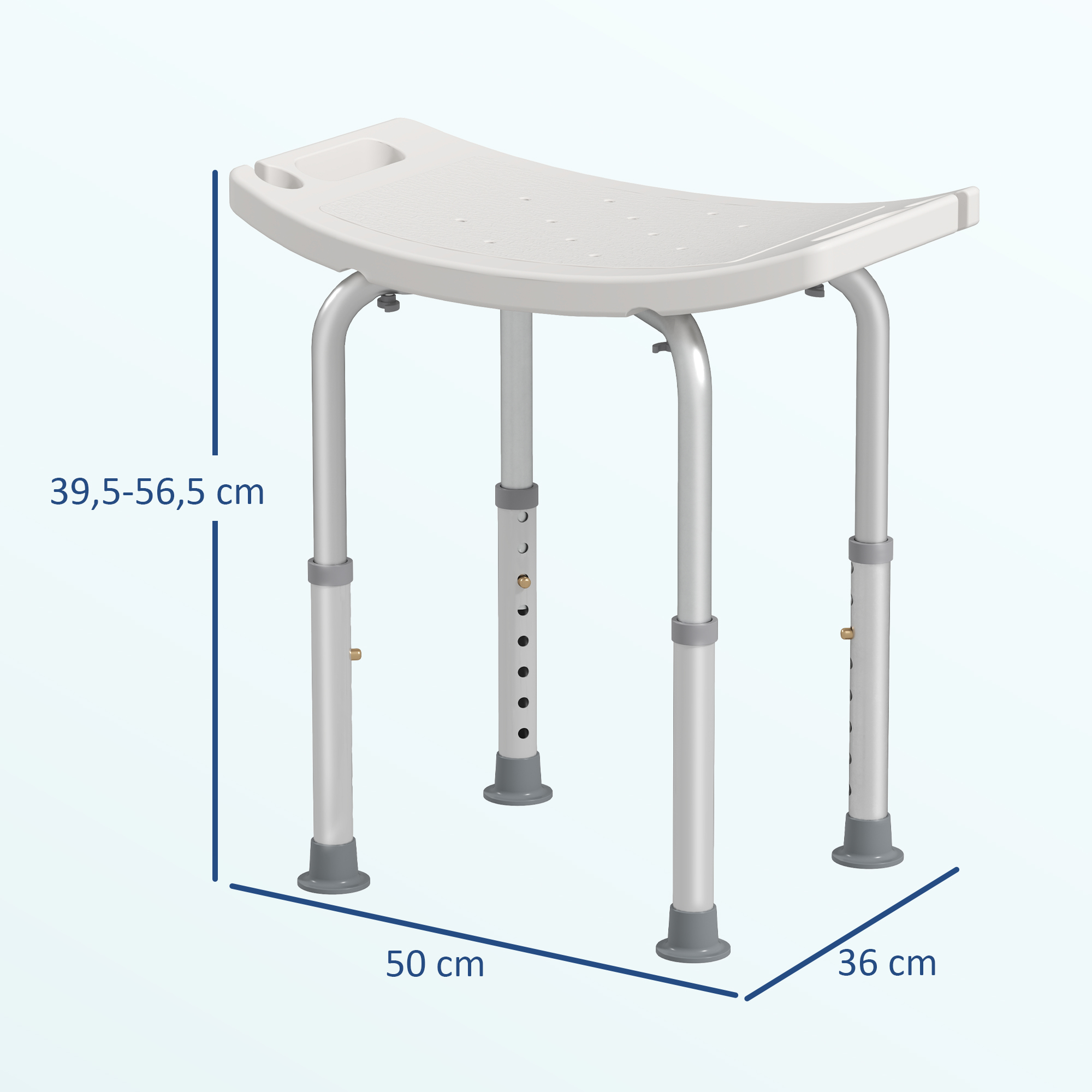 Un taburete de ducha blanco con patas ajustables y asas incorporadas.