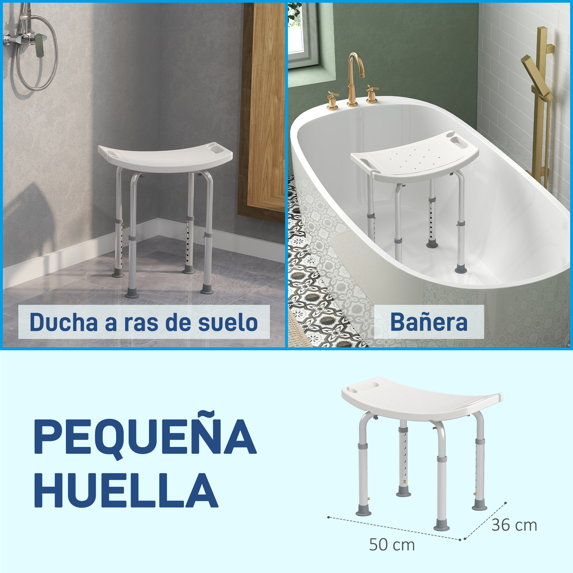 Un taburete de ducha blanco en una ducha y bañera.