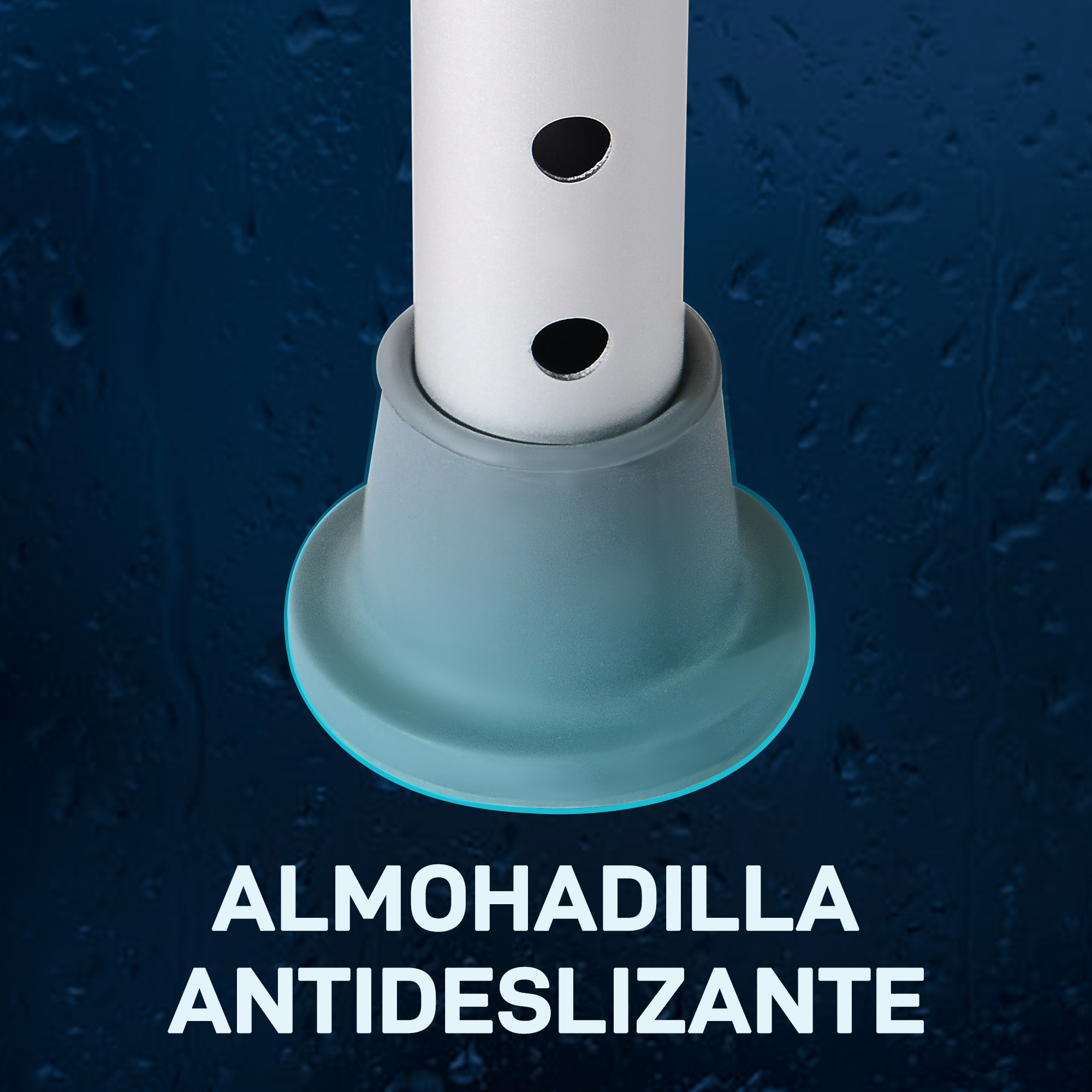 Pie gris antideslizante de silla de ducha sobre fondo oscuro.