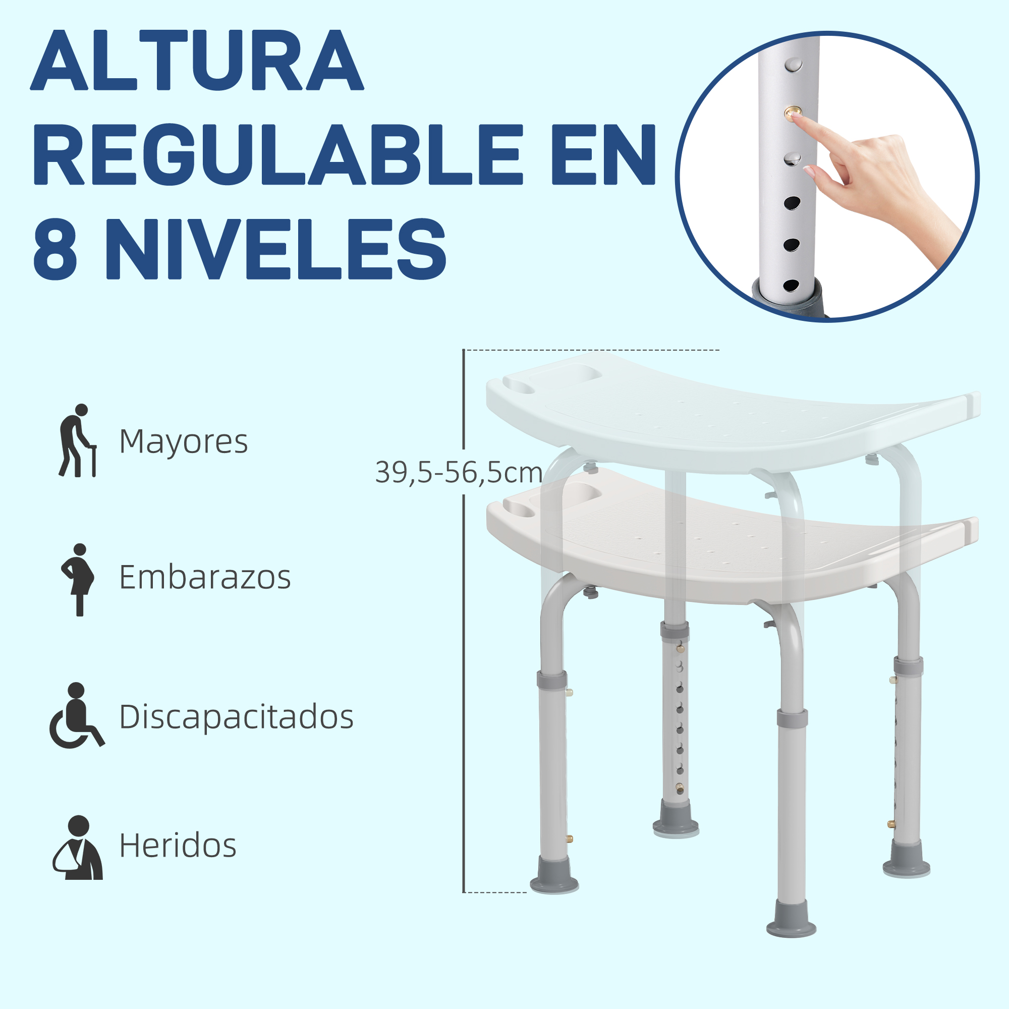 Taburete de ducha ajustable en 8 niveles, 39,5-56,5cm.