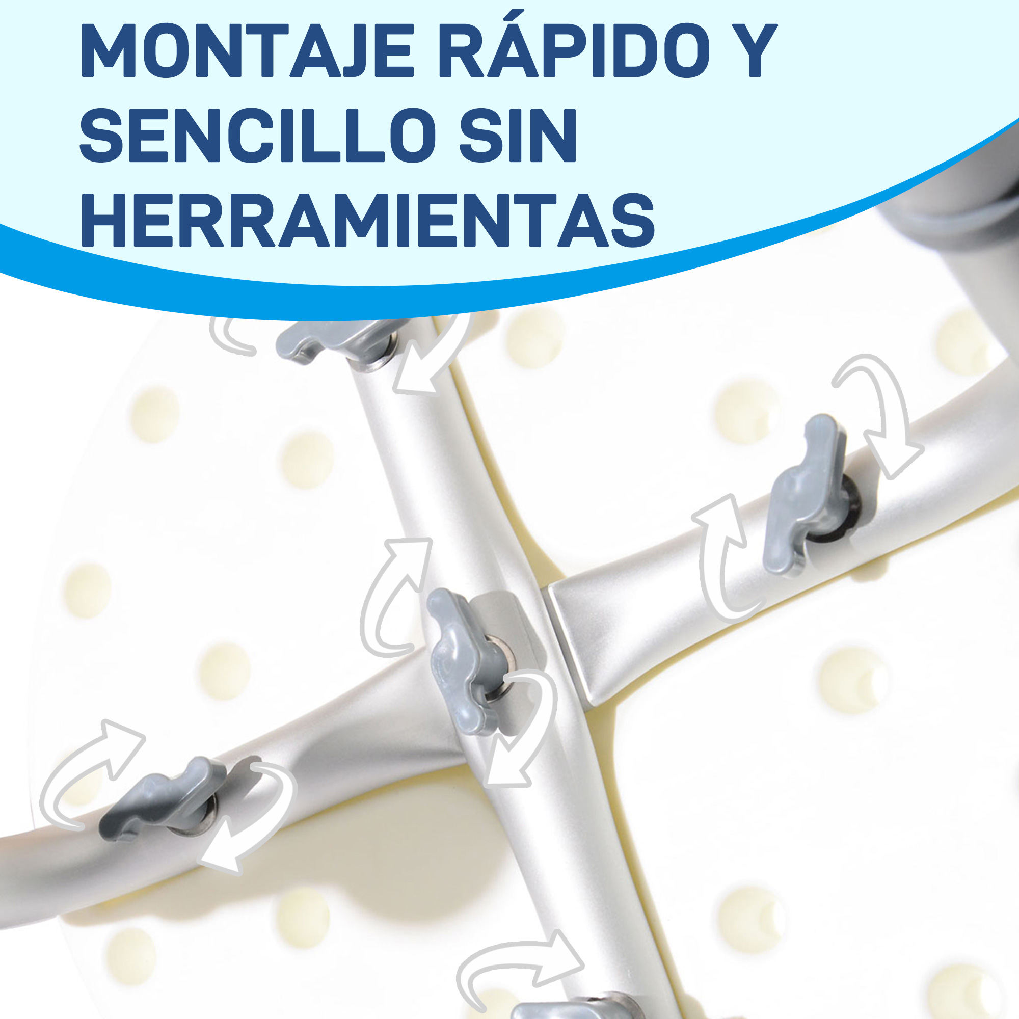 Tubos plateados con cierres giratorios grises y flechas indicando montaje.