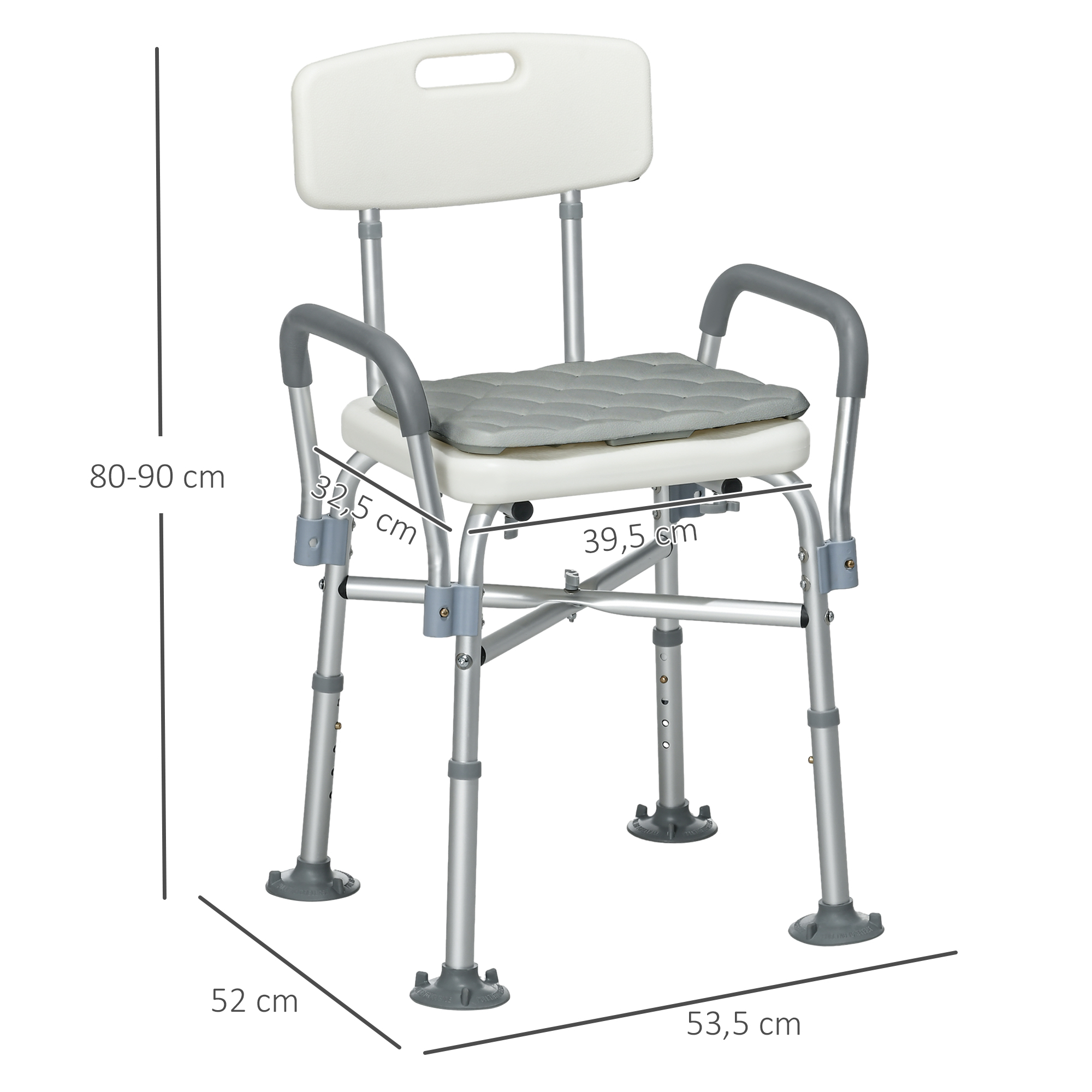 Silla de ducha ajustable de aluminio con respaldo y asiento blancos.