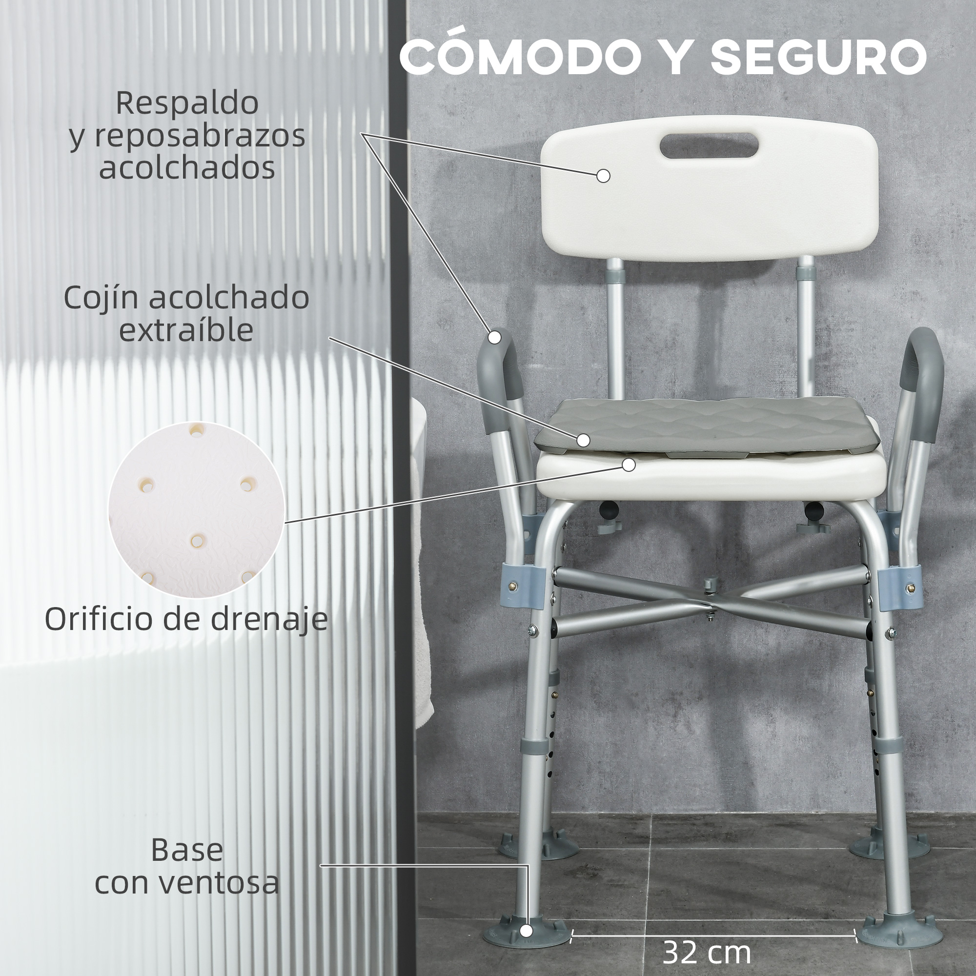 Silla de ducha con respaldo, apoyabrazos, asiento acolchados y pies de ventosa.