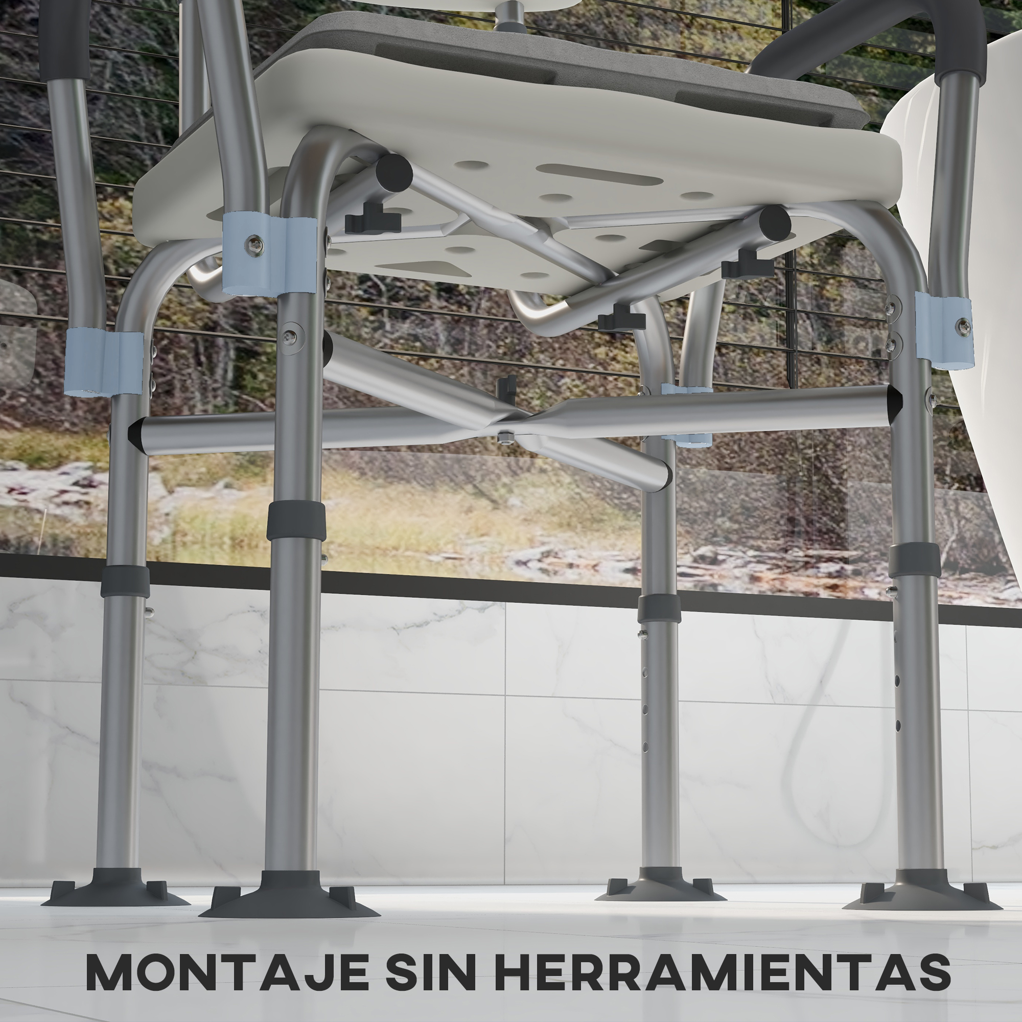 Silla de ducha con patas ajustables sobre suelo de mármol.