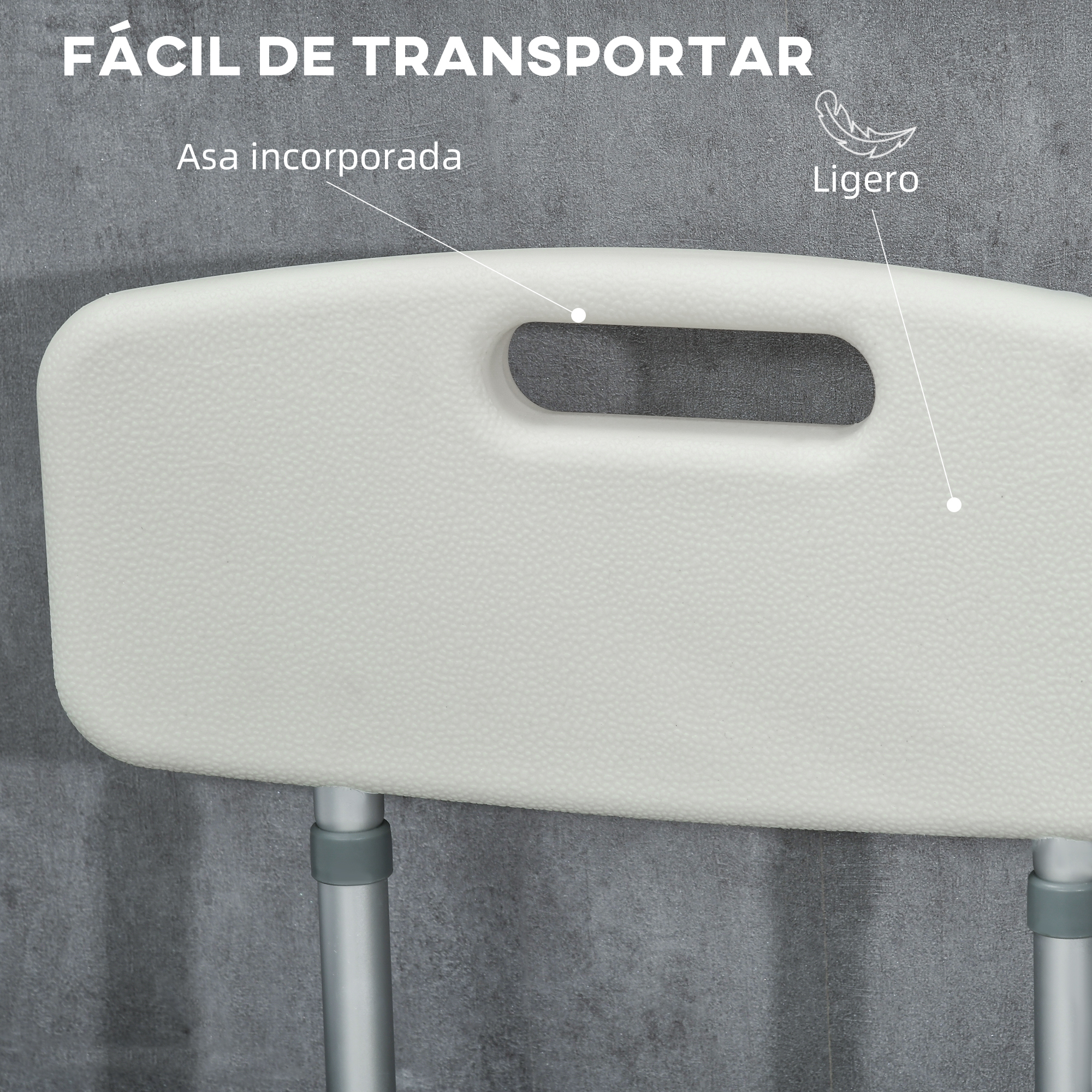 Silla de ducha blanca con asa incorporada e icono de pluma.