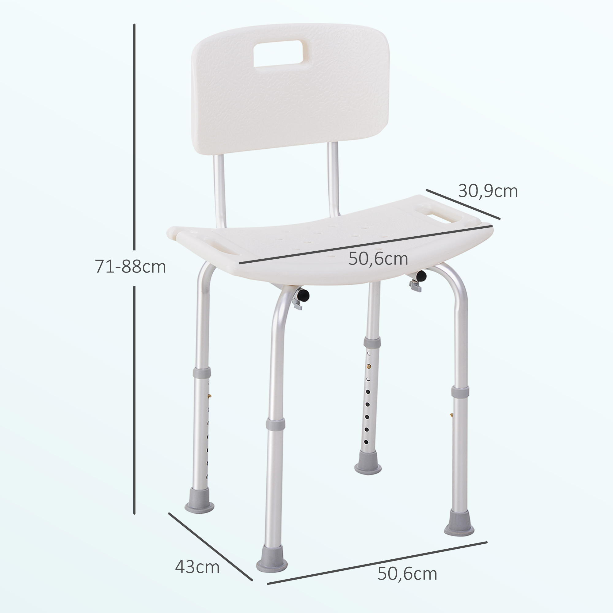 Una silla de ducha blanca con respaldo y patas ajustables.