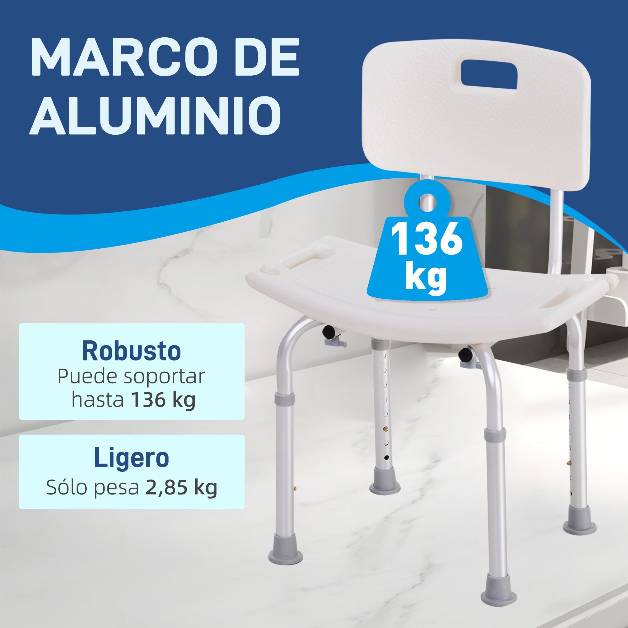 Un asiento de ducha de aluminio blanco, soporta hasta 136 kg y pesa 2,85 kg.