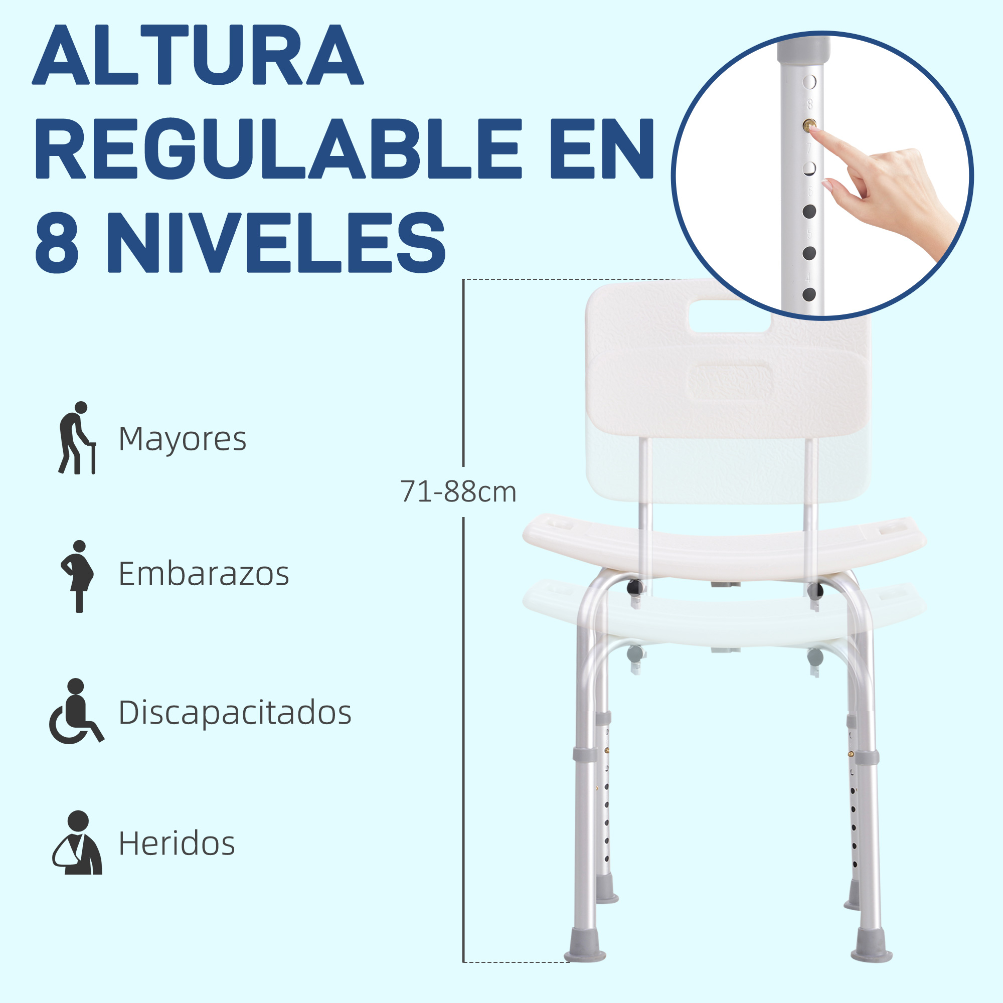 Silla de ducha regulable en altura (71-88cm) para mayores, embarazadas.