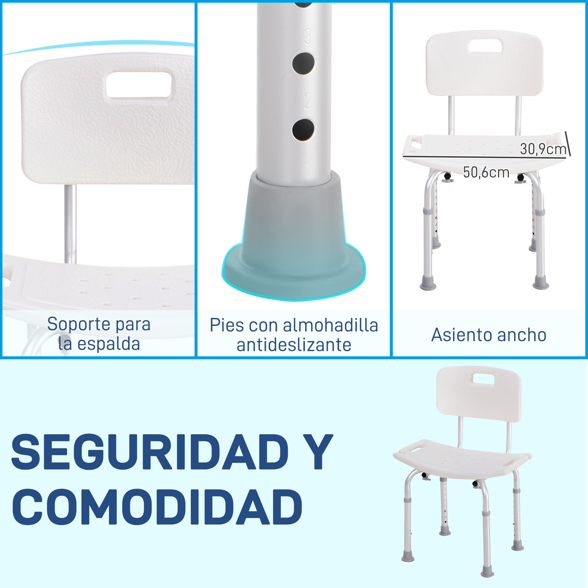 Una silla de ducha blanca con patas ajustables, asiento ancho y soporte de espalda.