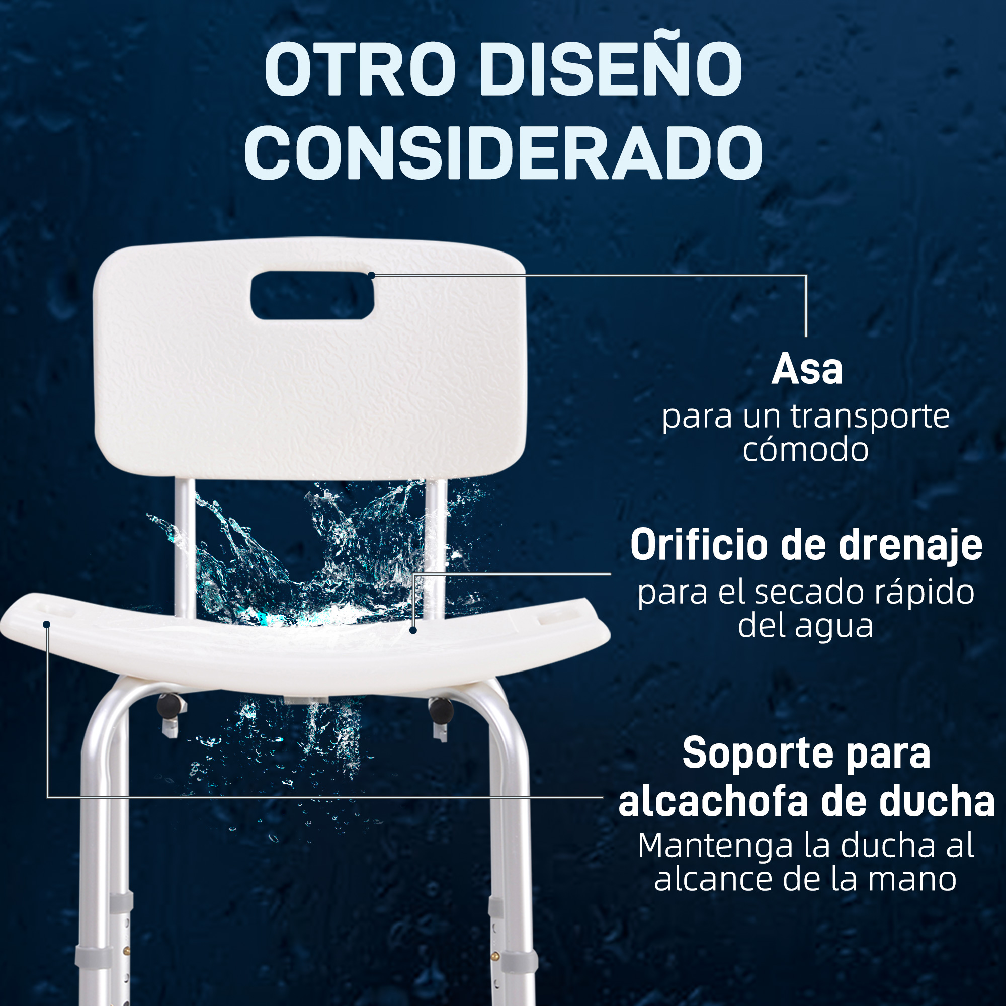 Silla de ducha blanca con patas plateadas y salpicadura de agua.