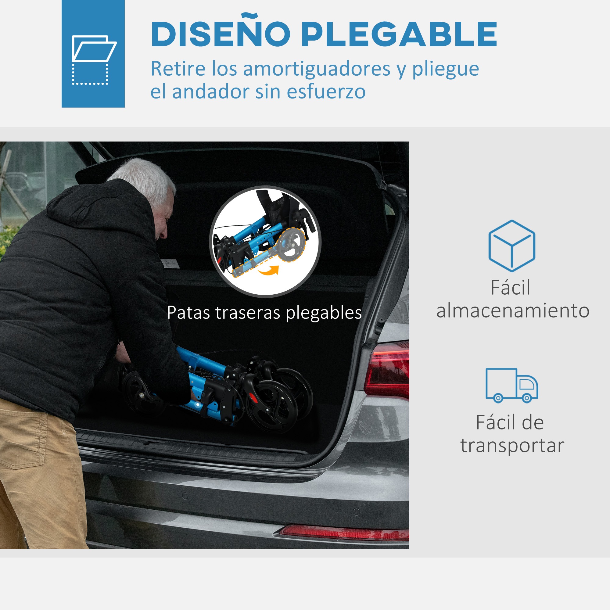 Un hombre mete un andador azul en el maletero de un coche. Se ve "Diseño Plegable".