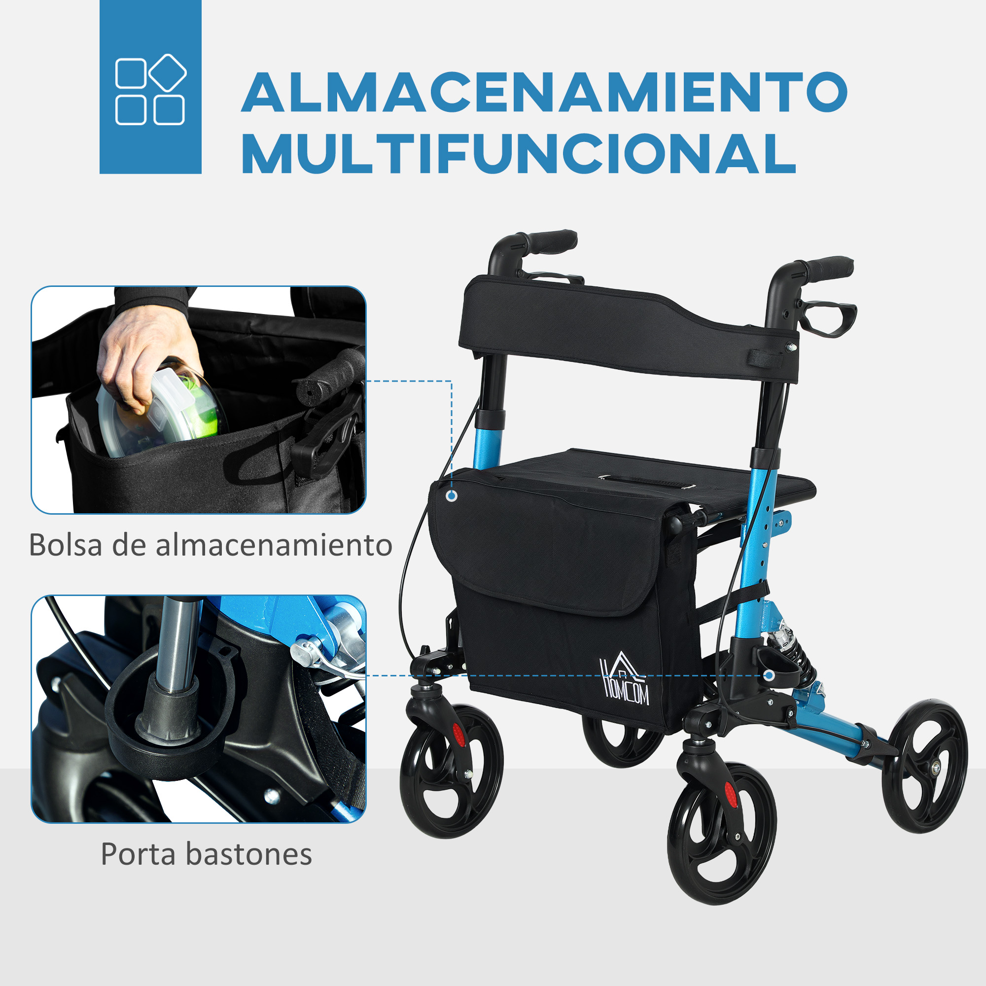 Un andador azul con asiento, bolsa de almacenamiento y portabastones.