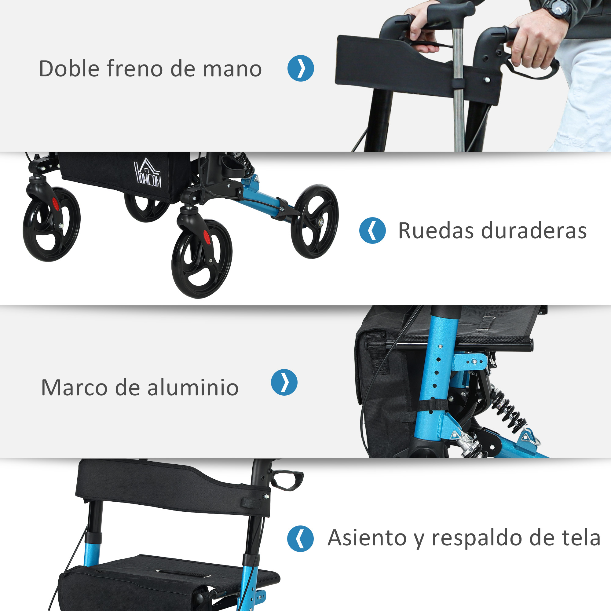 Un andador azul con bolsa de tela, asiento y frenos.