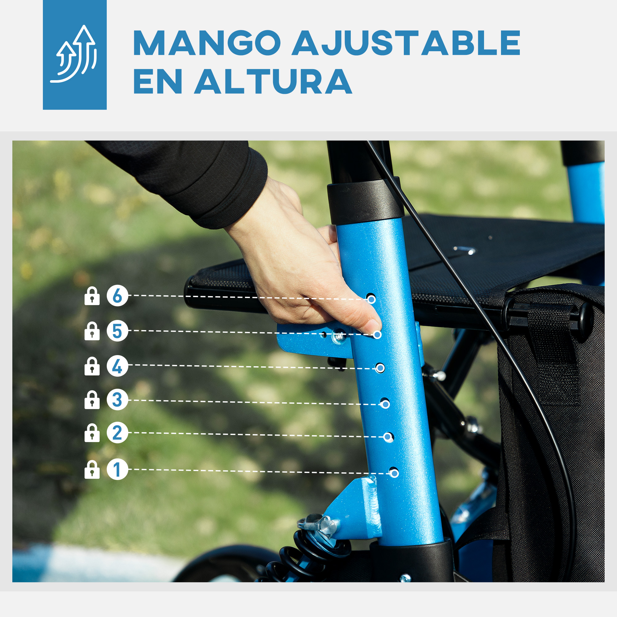 Una mano ajusta la altura de un andador azul con asiento y bolsa.