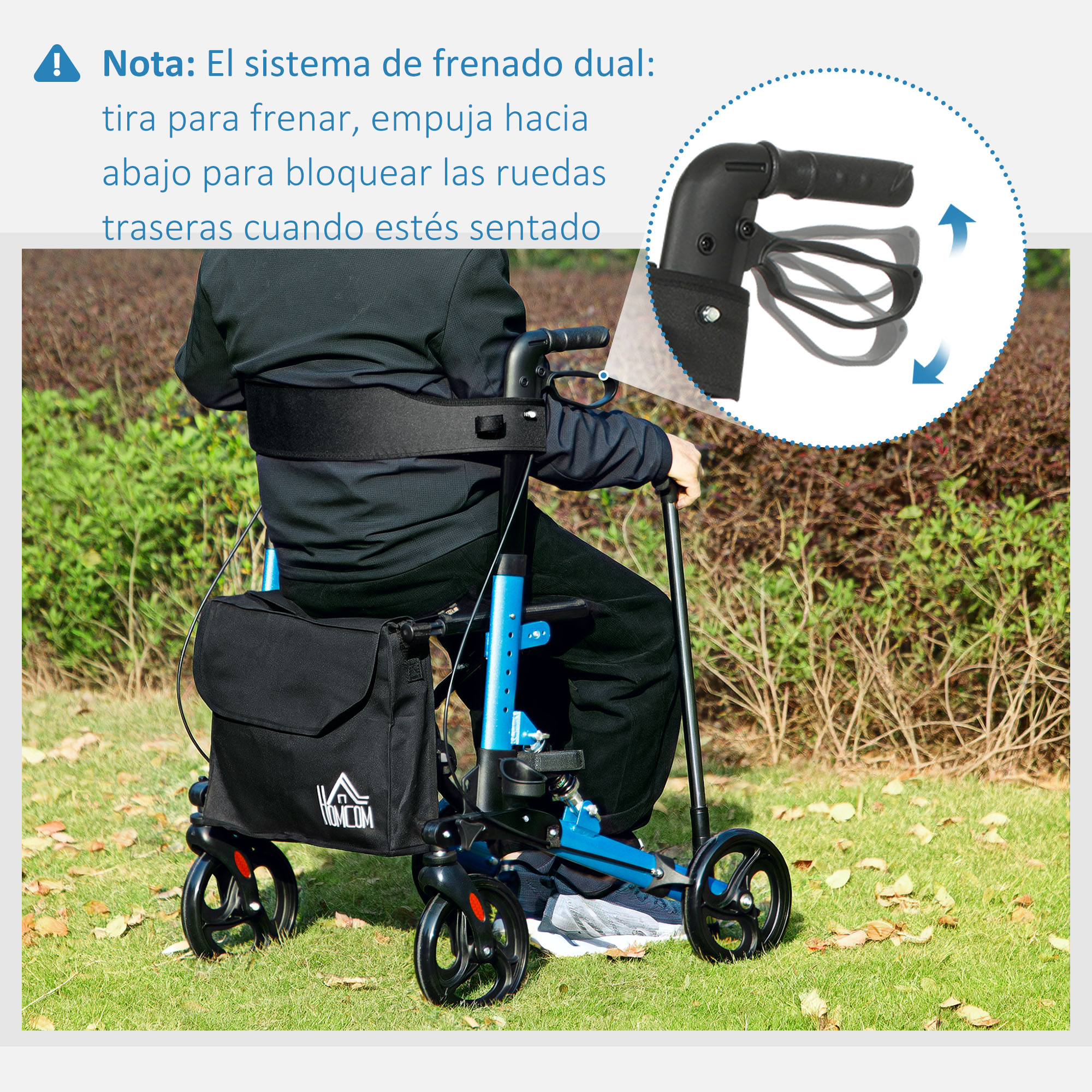 Una persona se sienta en un andador azul con una bolsa negra.