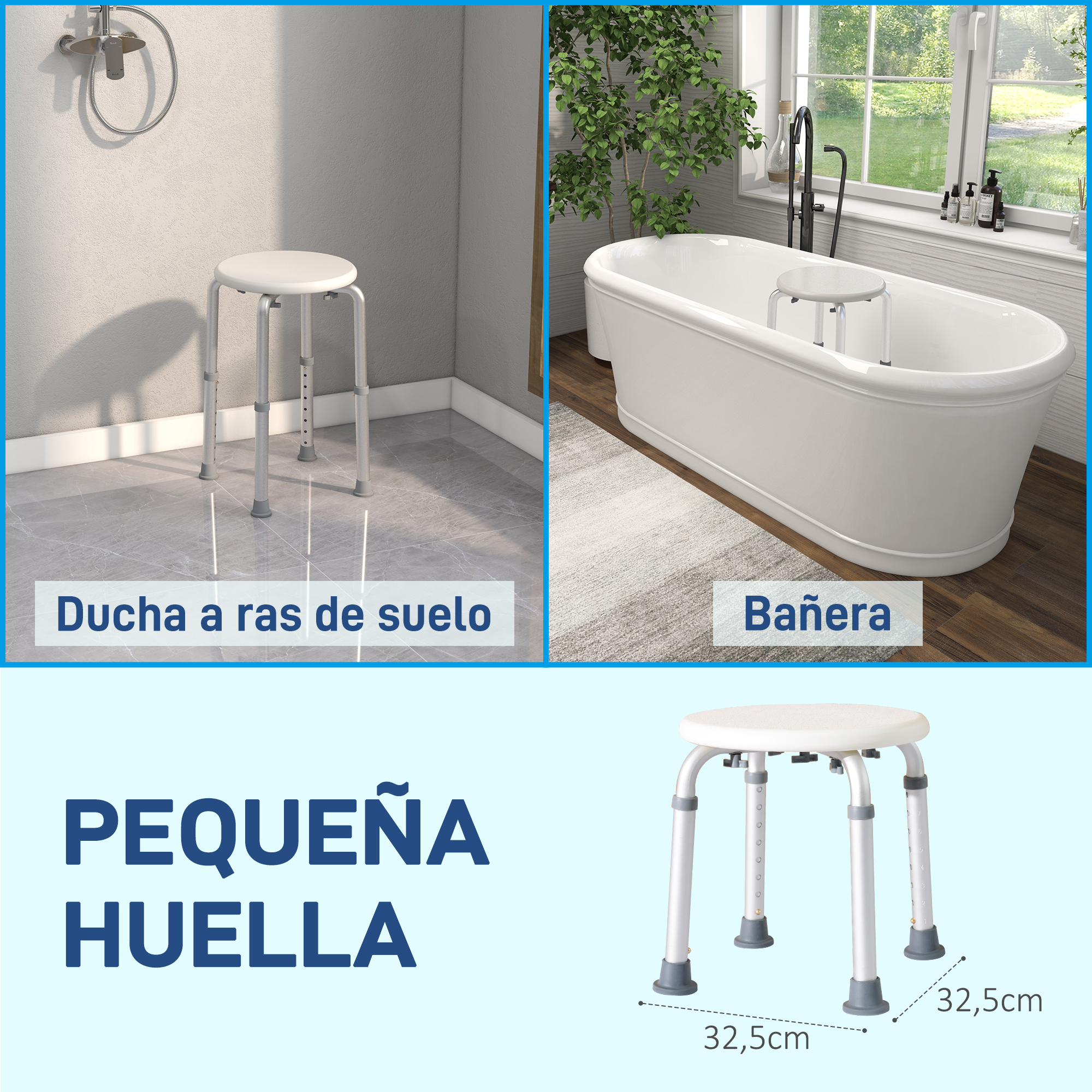 Un taburete de ducha en una ducha, un taburete en una bañera y un taburete con medidas.