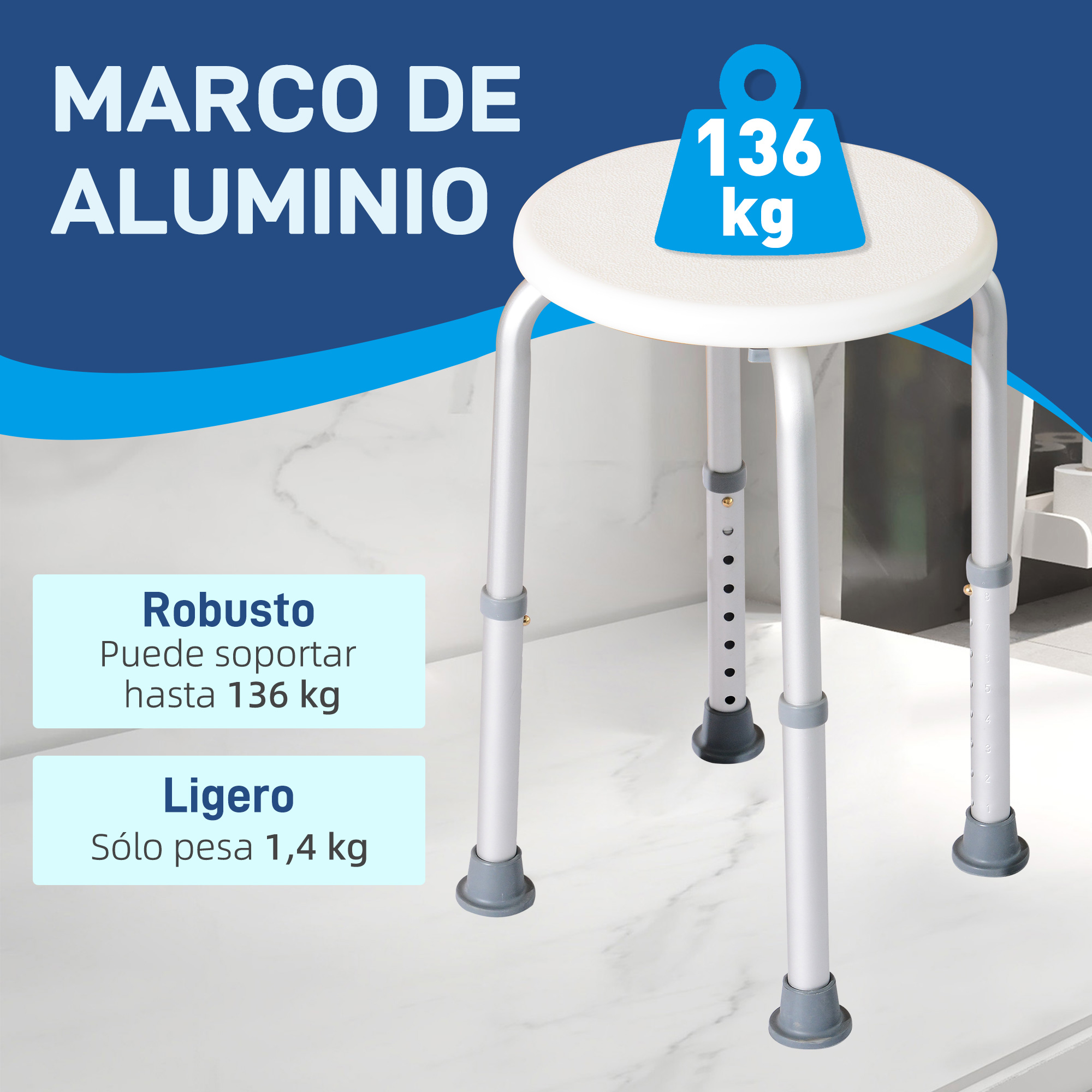 Un taburete de ducha ligero y robusto de aluminio, soporta 136kg.