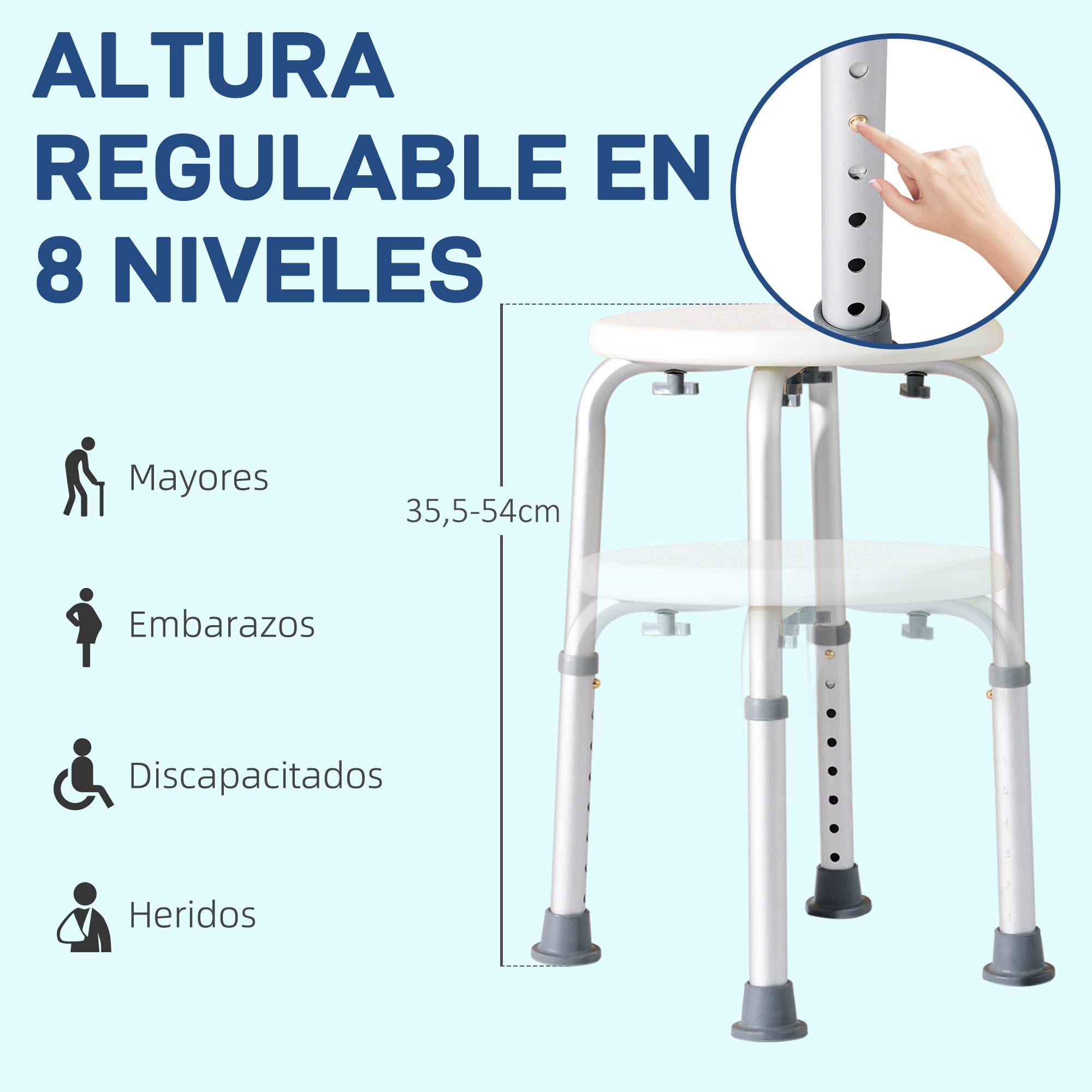 Taburete de ducha ajustable, 8 niveles de altura, 35,5-54cm.