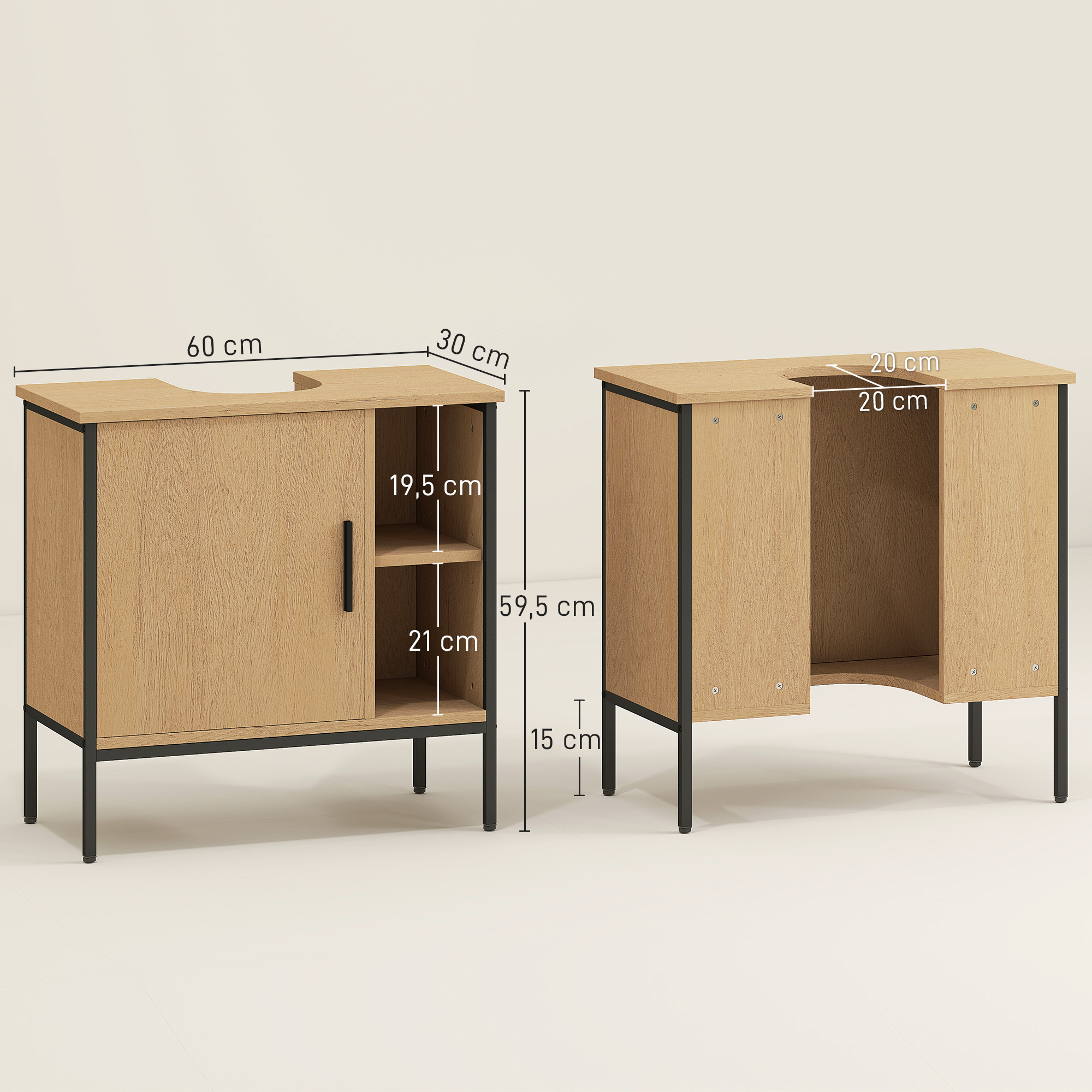 Dos gabinetes de madera con marcos de metal negro, se muestran las dimensiones.