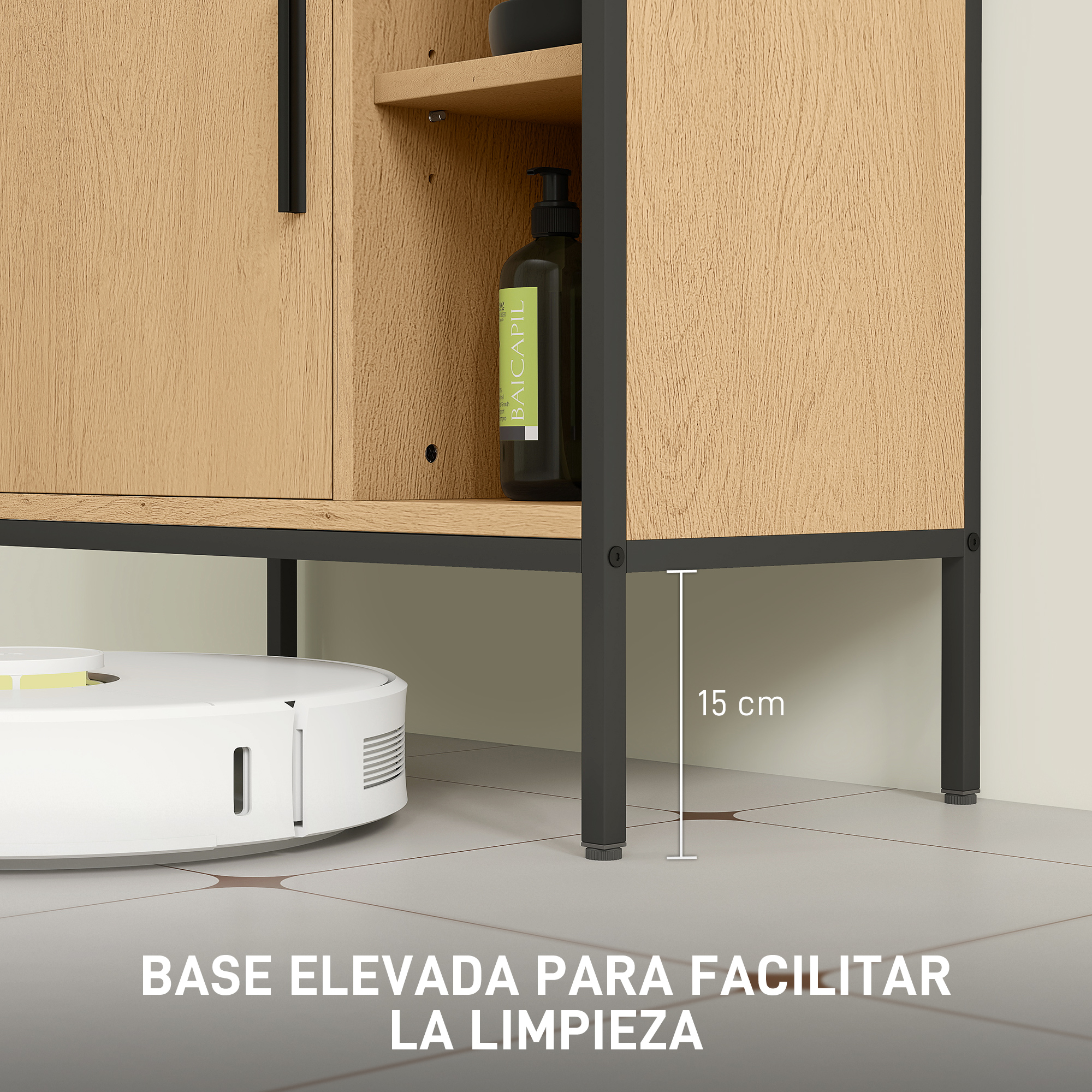 Un robot aspirador blanco bajo un mueble de madera con 15 cm de espacio.