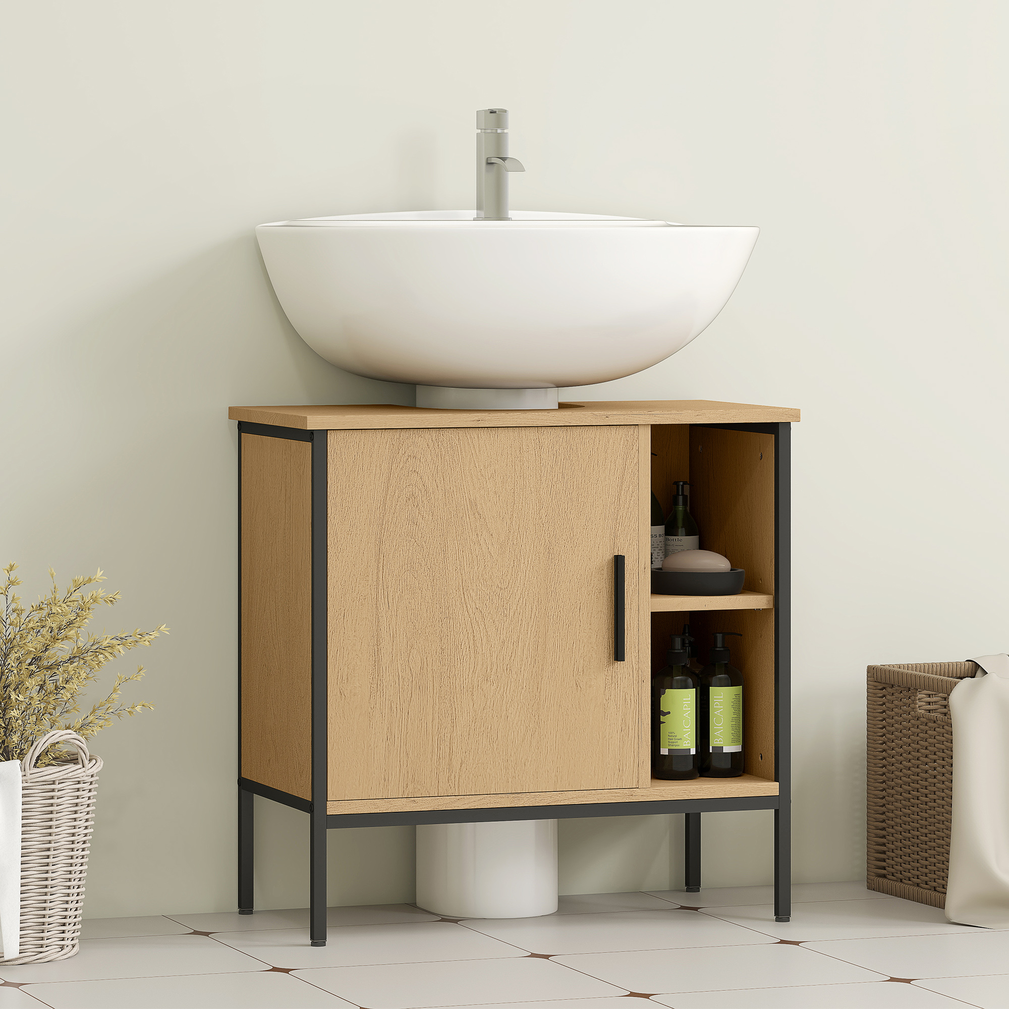 Un mueble de baño de madera con marco negro, junto a una cesta con ropa.