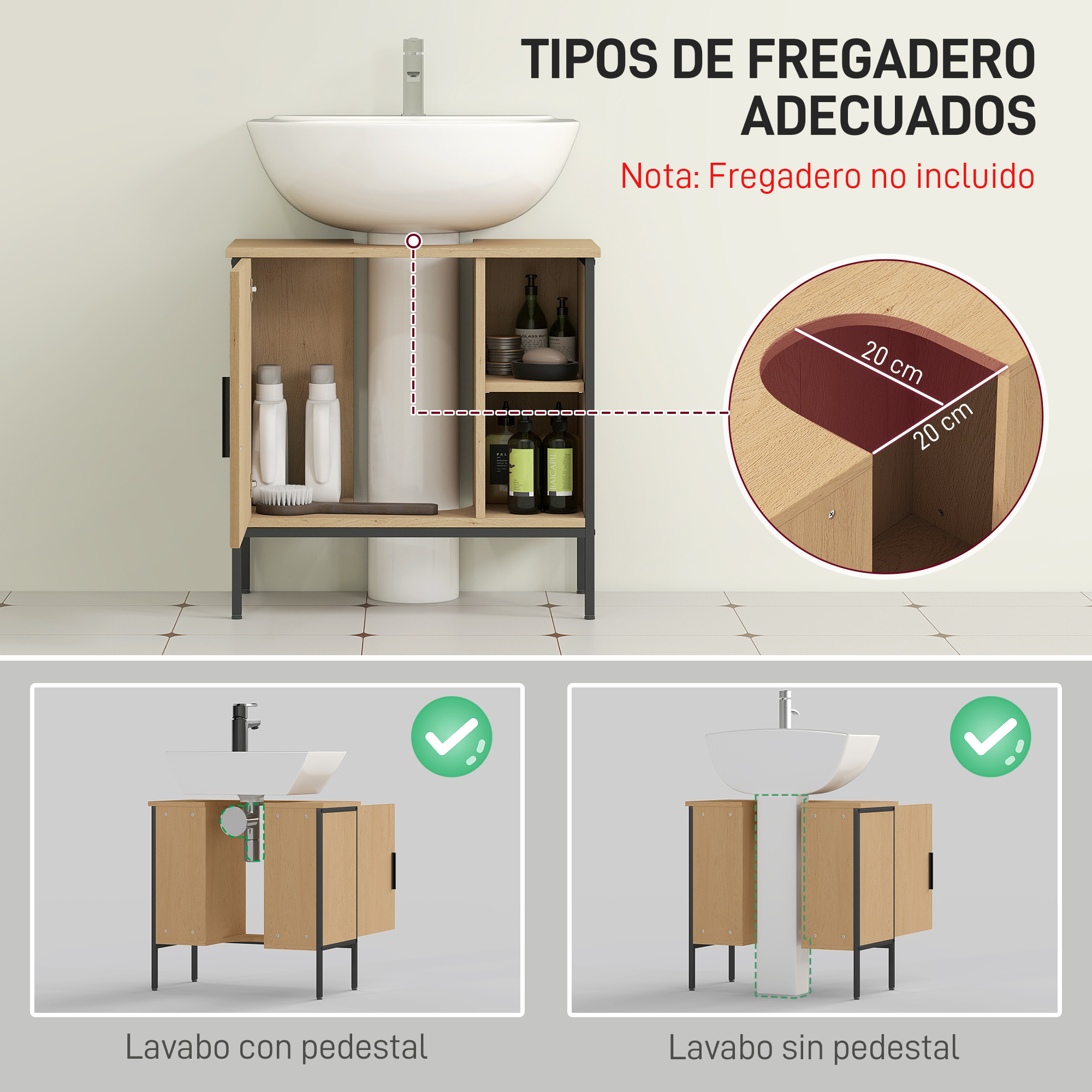 Mueble de lavabo con puertas abiertas y estantes, junto a un diagrama de medidas.