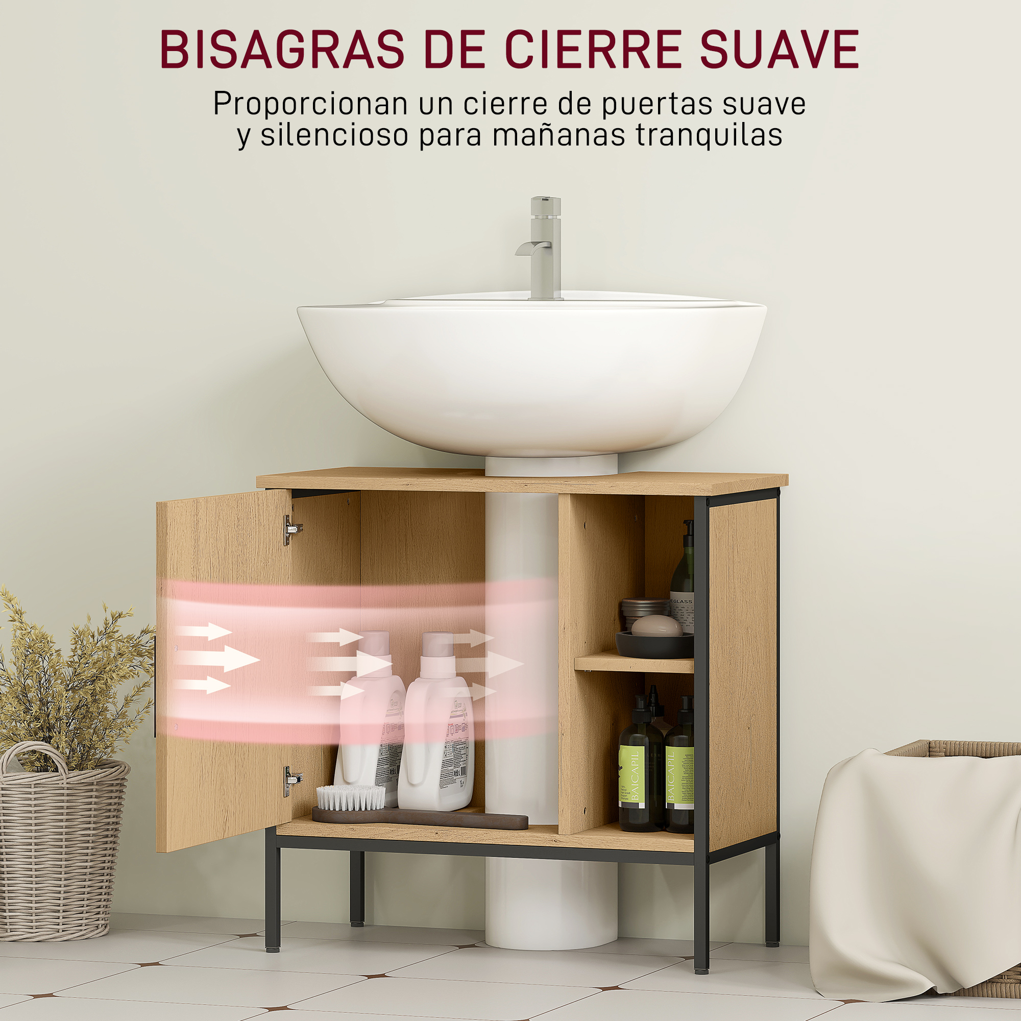 Un tocador de baño con lavabo, puertas abiertas mostrando productos y una cesta.