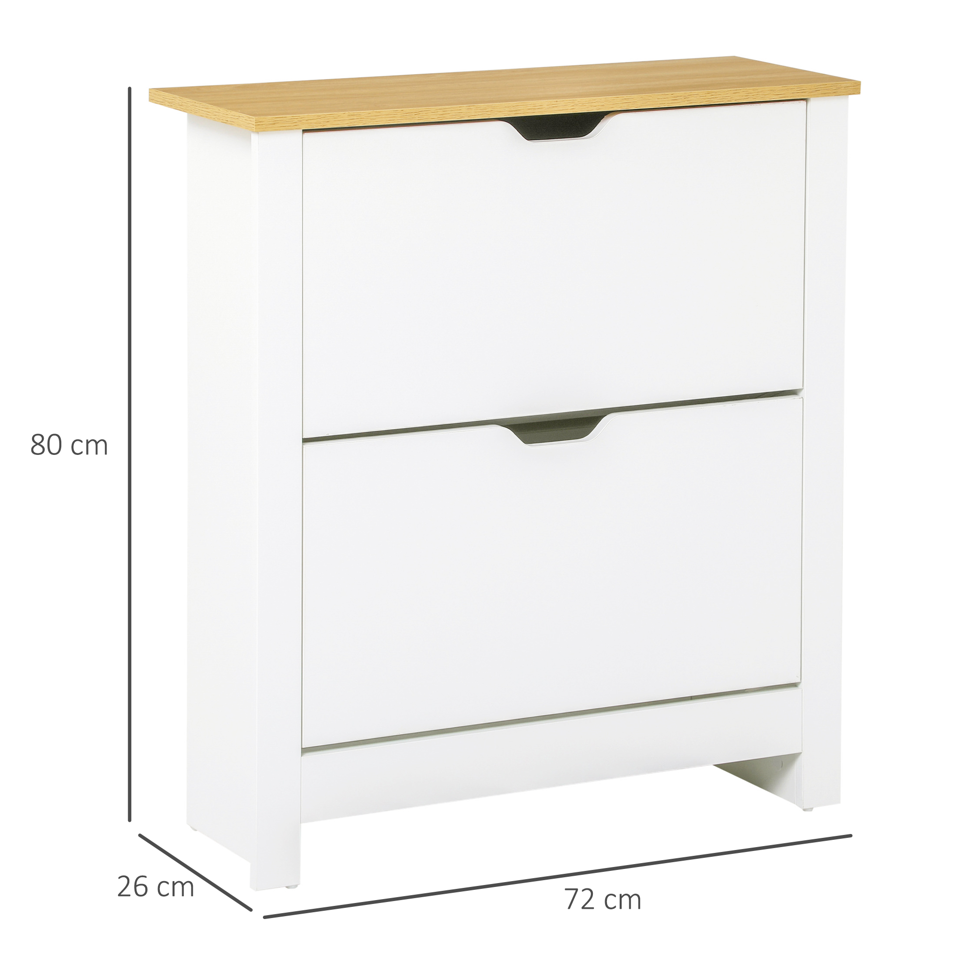 Zapatero blanco con tapa de madera, 2 cajones, 80x72x26cm.