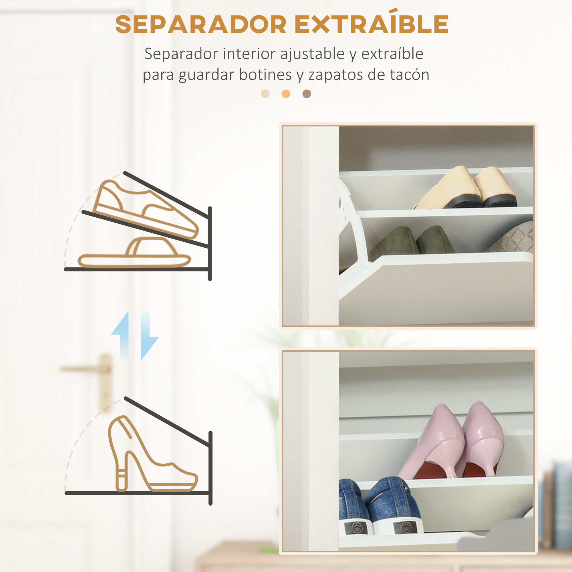 Ilustración de zapateros con zapatos y primeros planos de zapatos en un armario blanco.