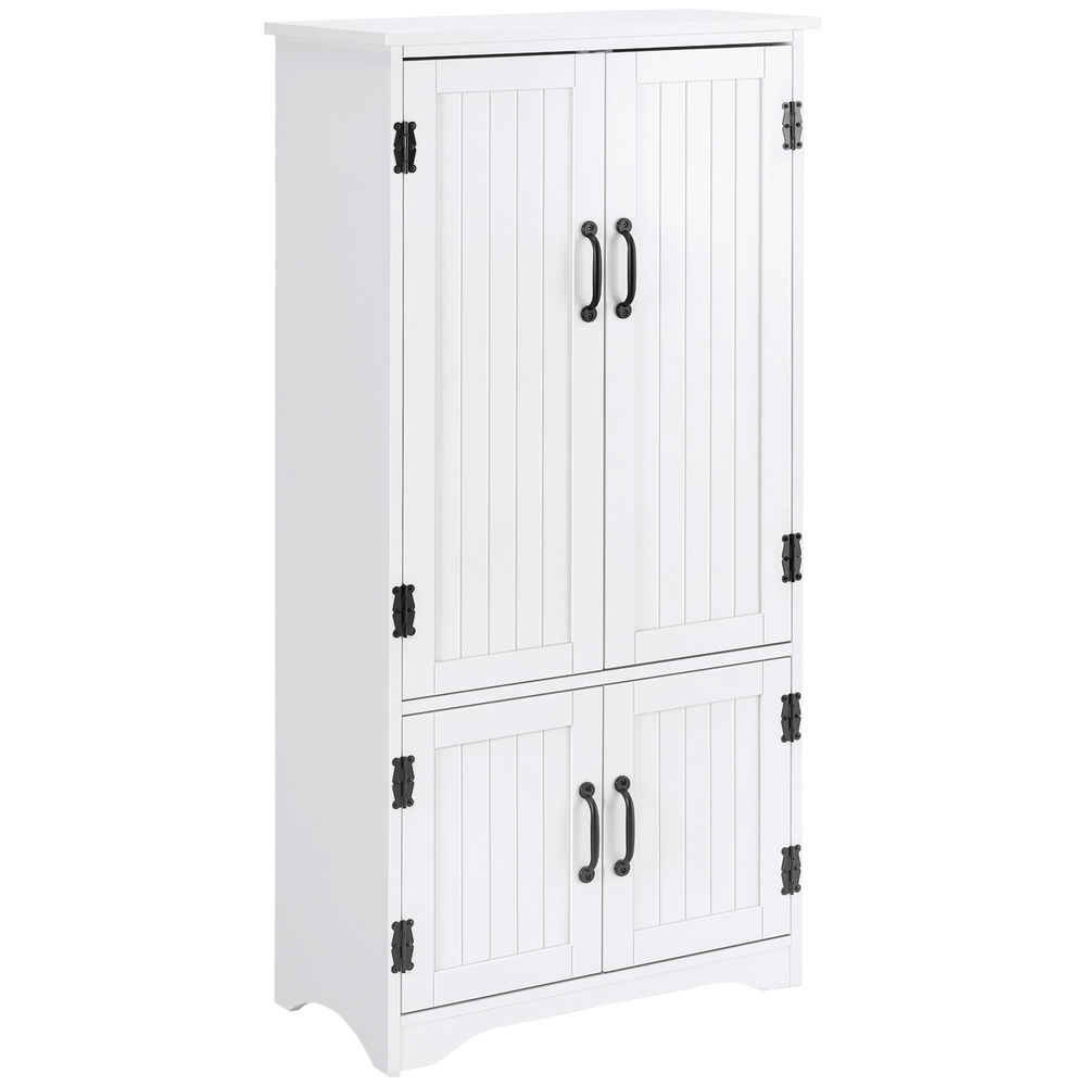 Un mueble alto blanco con cuatro puertas, tiradores y bisagras negros.