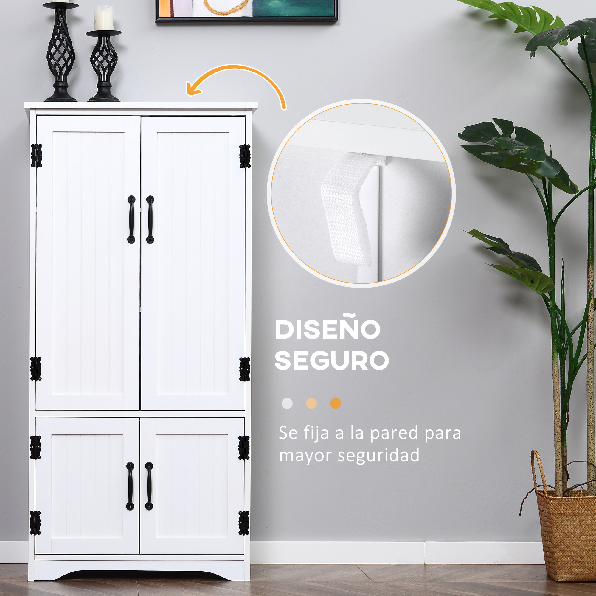 Armario blanco con dos puertas arriba y dos abajo. Primer plano de la fijación a la pared.