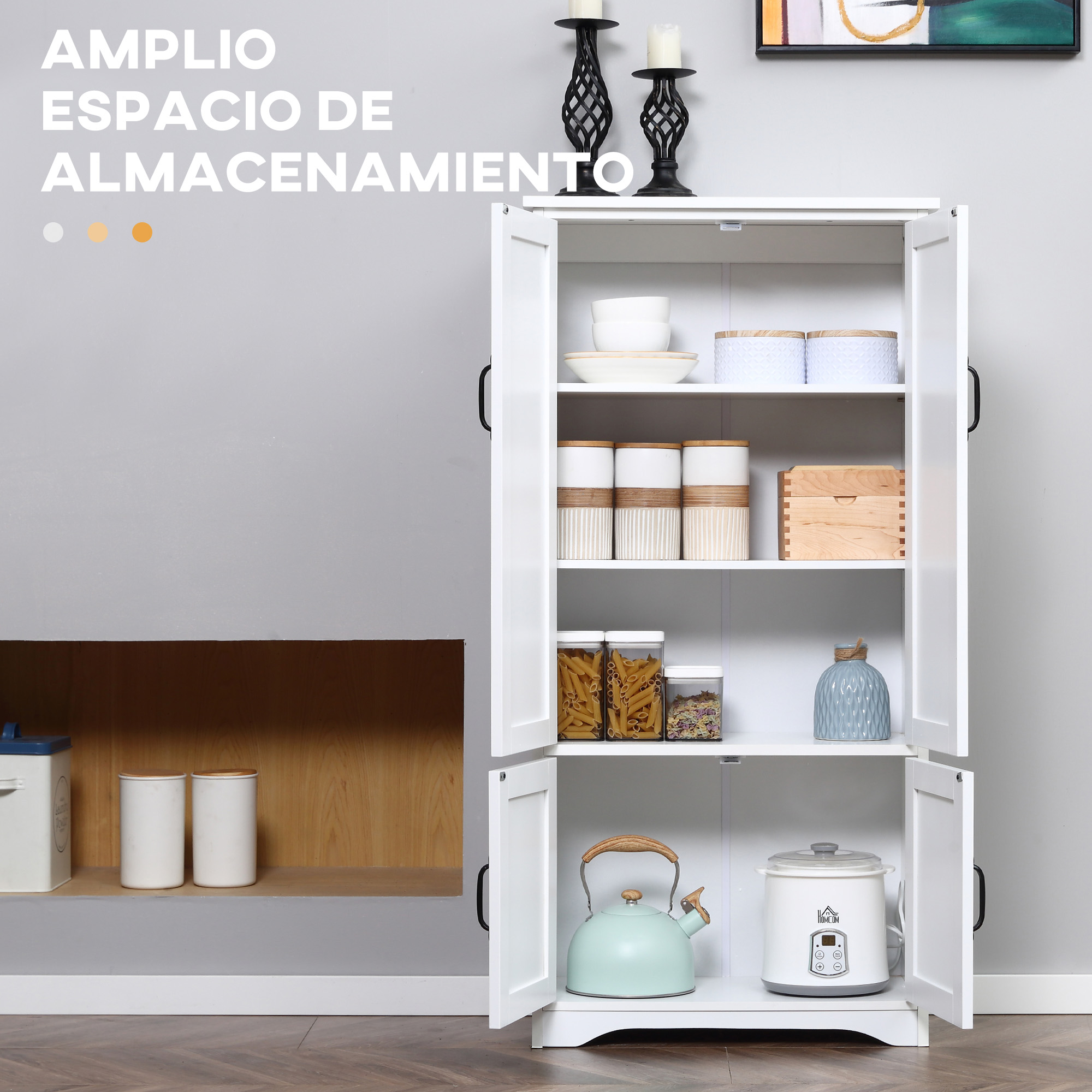 Un armario blanco con puertas abiertas, lleno de vajilla, alimentos y decoración.