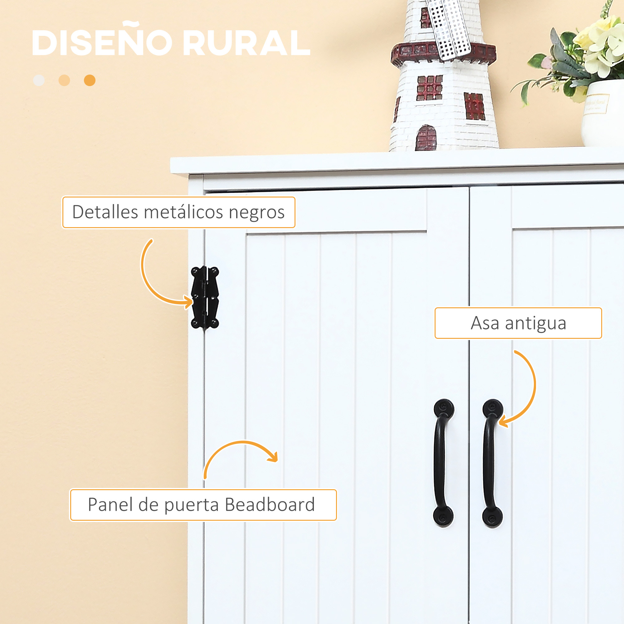 Puertas de armario blancas con tiradores negros y bisagras antiguas. Diseño rústico.