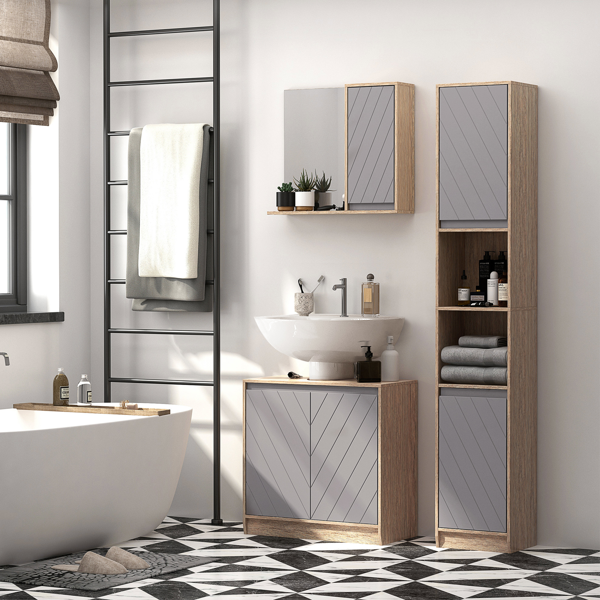 Baño moderno con bañera exenta, armarios y baldosas blancas y negras.